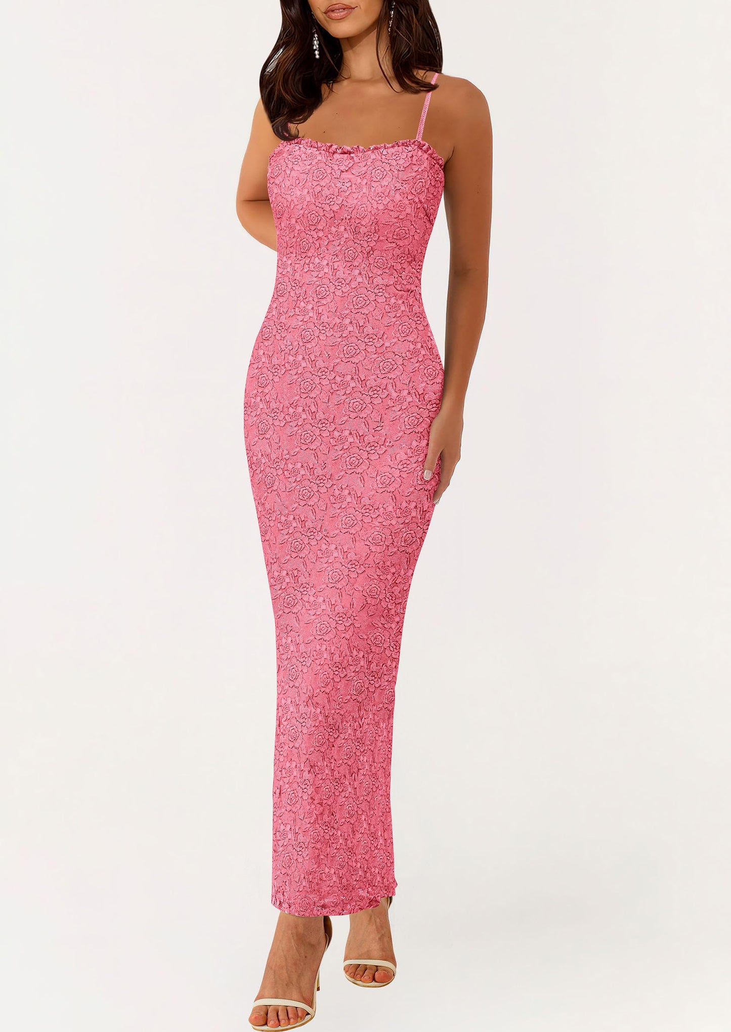 Women's Formal Prom Dress Spaghetti Strap Lace Floral Wedding Guest Evening Bodycon Dresses
