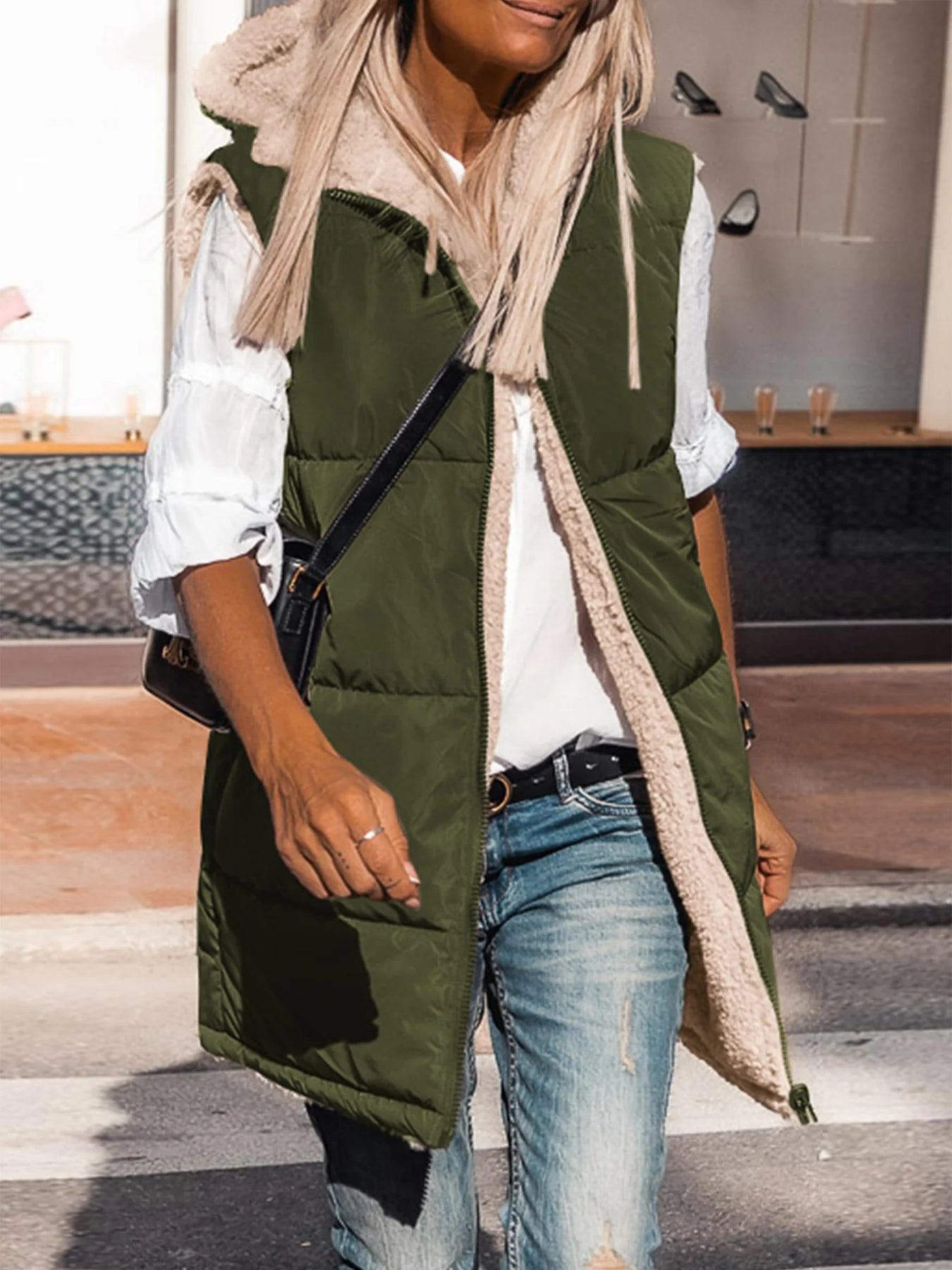 Womens Fall Reversible Vests Sleeveless Fleece Jacket Zip Up Hoodie Pockets Long Warm Winter Coat Outerwear