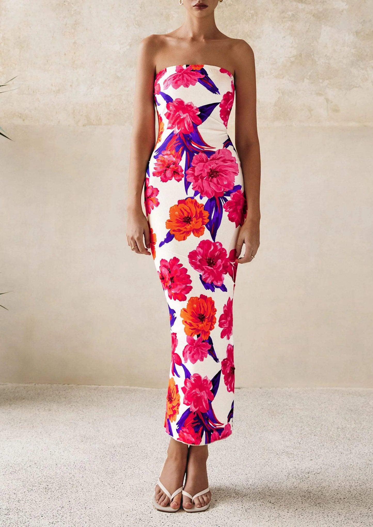 Women's Floral Bodycon Maxi Dresses Ribbed Strapless Tube Casual Boho Party Long Dress