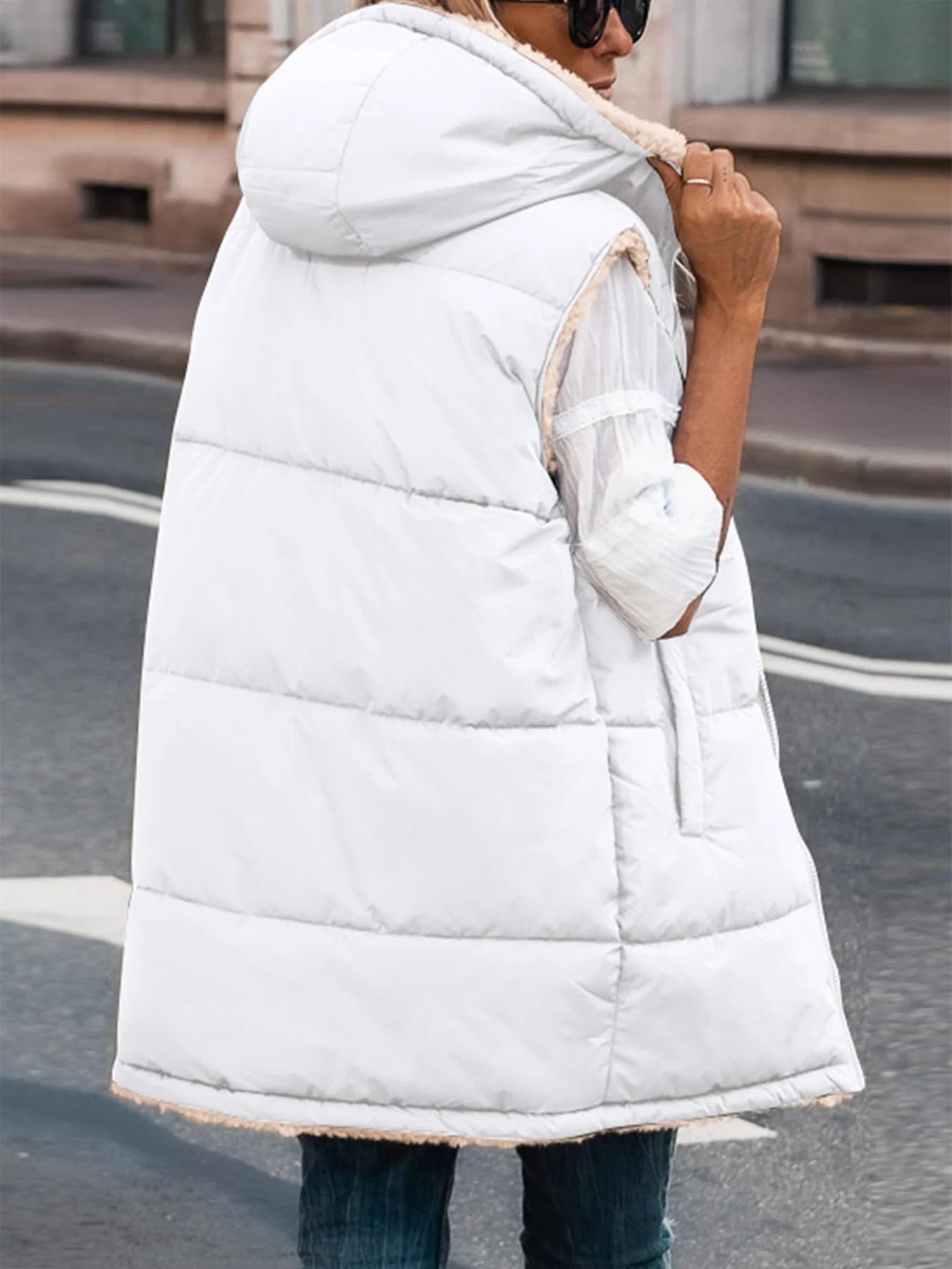 Womens Fall Reversible Vests Sleeveless Fleece Jacket Zip Up Hoodie Pockets Long Warm Winter Coat Outerwear