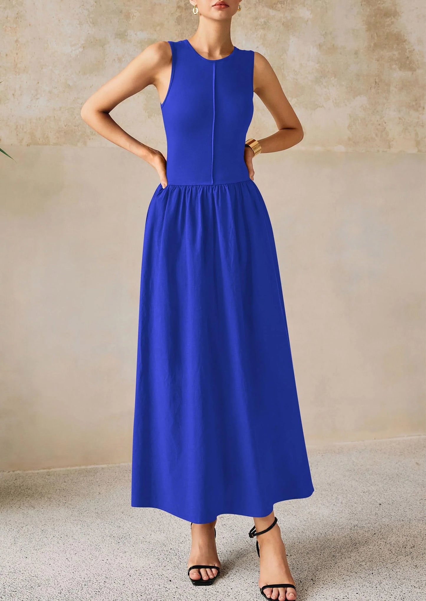 Women Maxi Dresses Casual Sleeveless Patchwork Knit Tank Dress Flowy Beach Sundress Long Dress