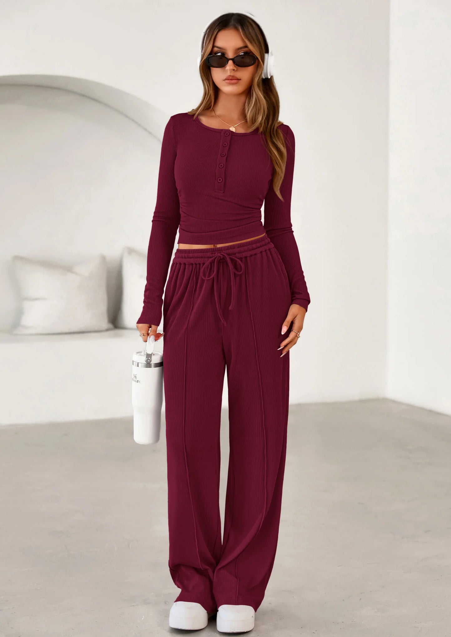 Women's Fall Trendy 2 Piece Outfits Lounge Sets Long Sleeve Top Henley Shirts Wide Leg Pants Travel Clothes