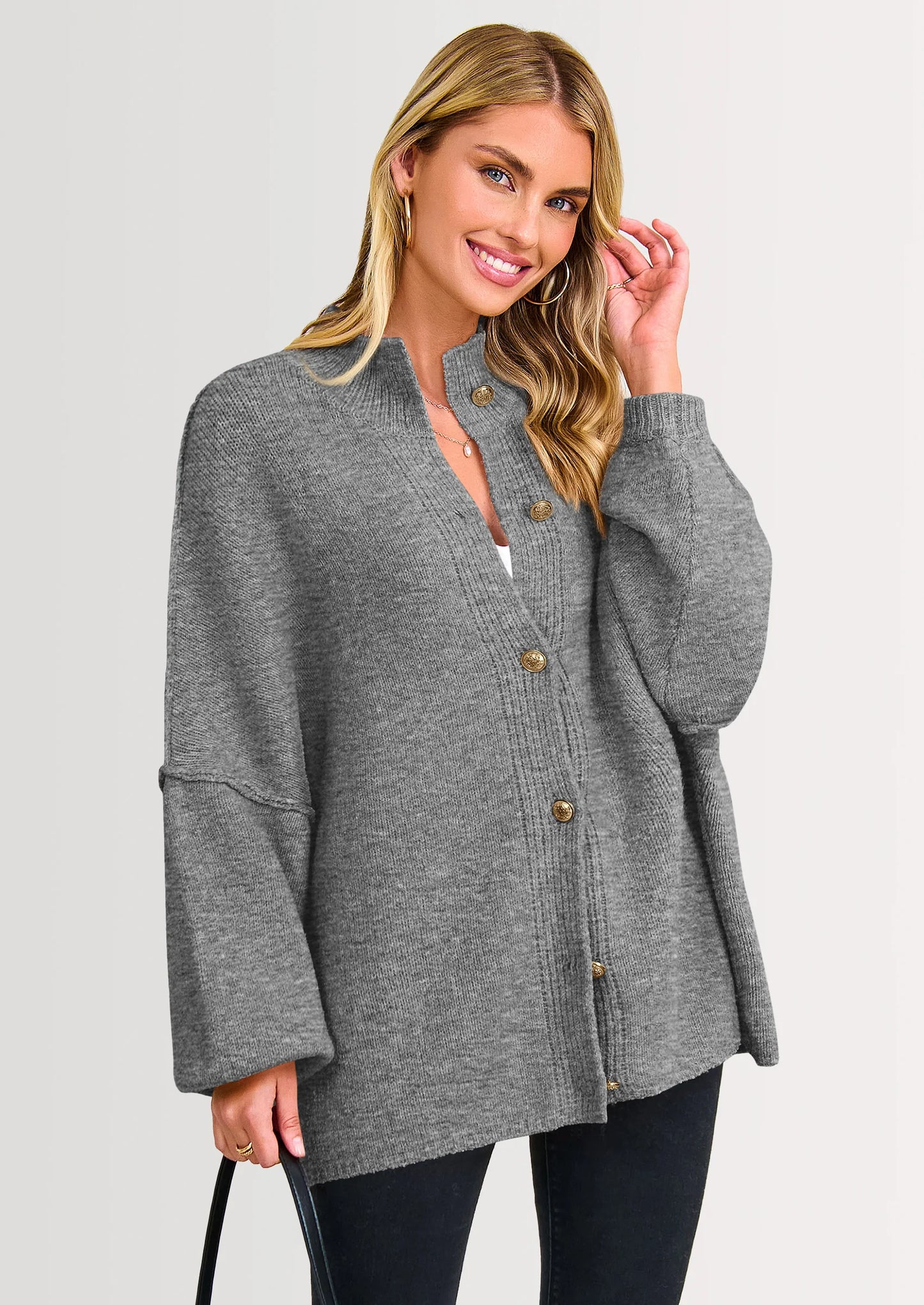 Women's Winter Button Down Cardigan Sweaters Mock Neck Lantern Long Sleeve Chunky Knit Jacket Trendy Outerwear