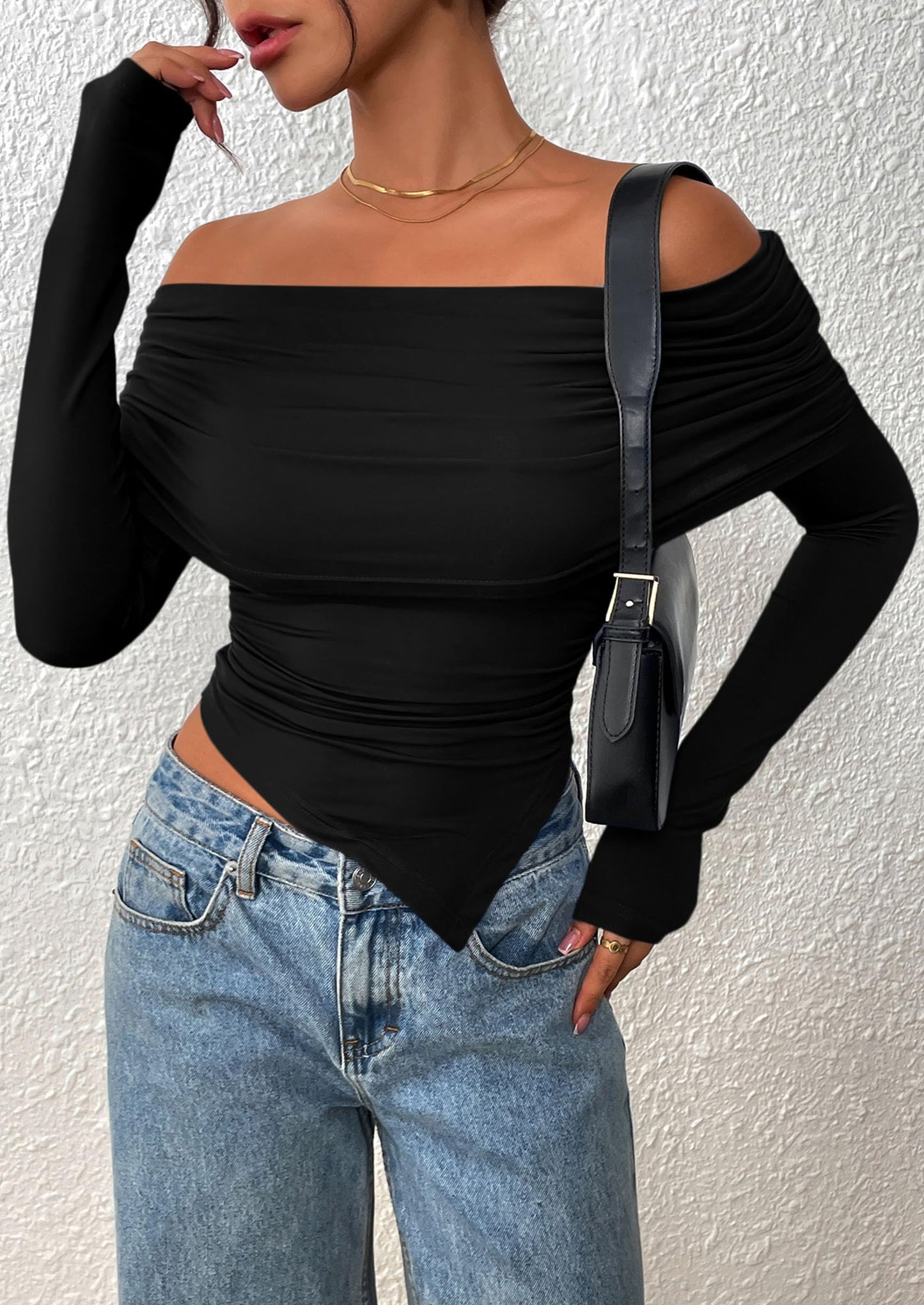 Women's Long Sleeve Shirts Off Shoulder Tops Going Out Slim Fitted Y2K Blouses Fall Fashion Clothes