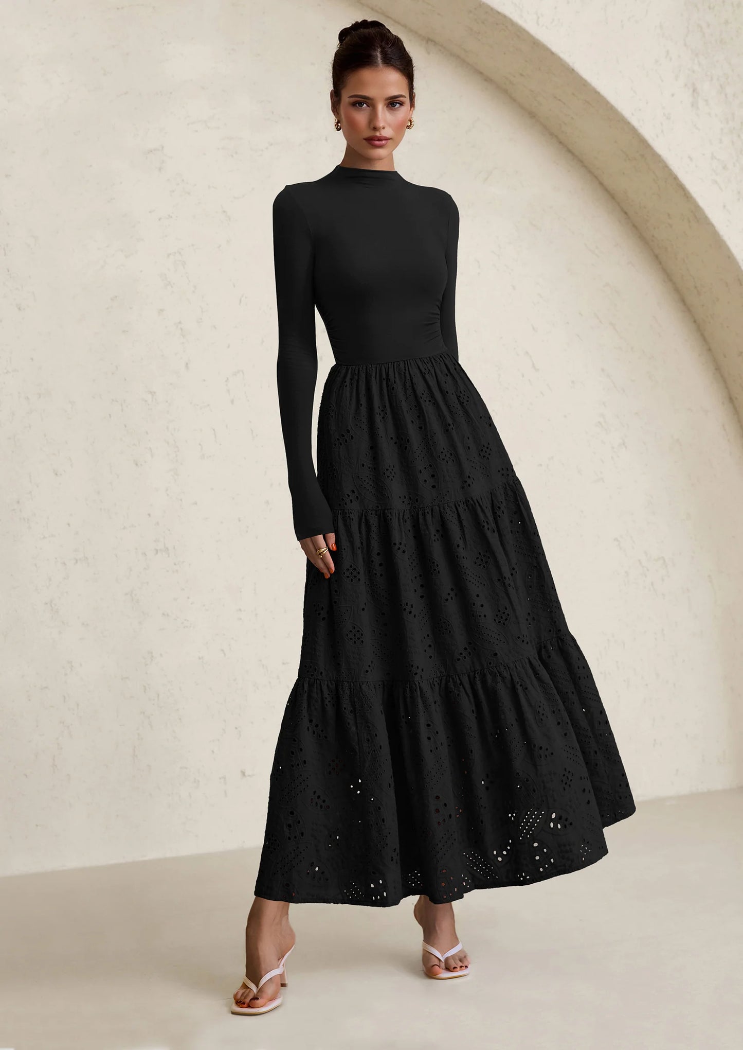 Long Sleeve Dress for Women Fall Eyelet Mock Neck A Line Elegant Classy Maxi Wedding Guest Dresses Pockets