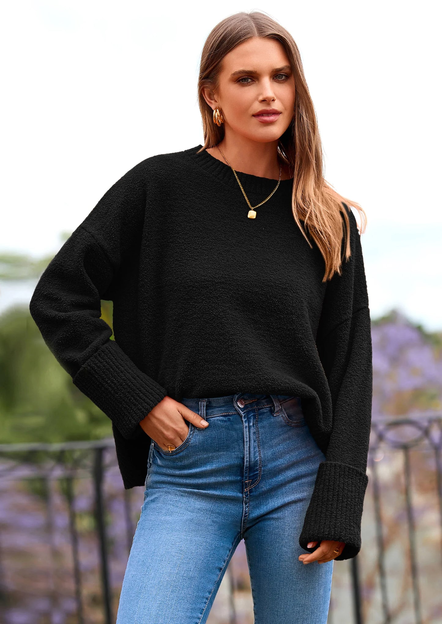 Women's Fall Oversized Sweaters Casual Crewneck Pullover Long Sleeve Fuzzy Chunky Knit Tops Blouse