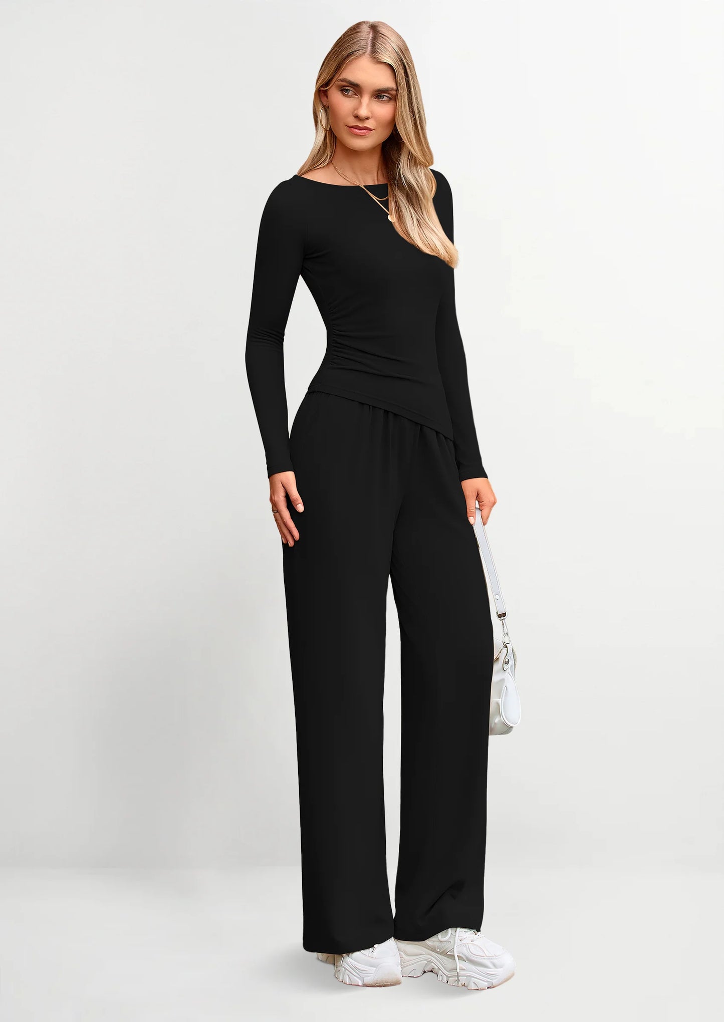 Women's 2 Piece Lounge Sets Asymmetrical Long Sleeve T Shirt Wide Leg Pants Casual Outfits Tracksuit