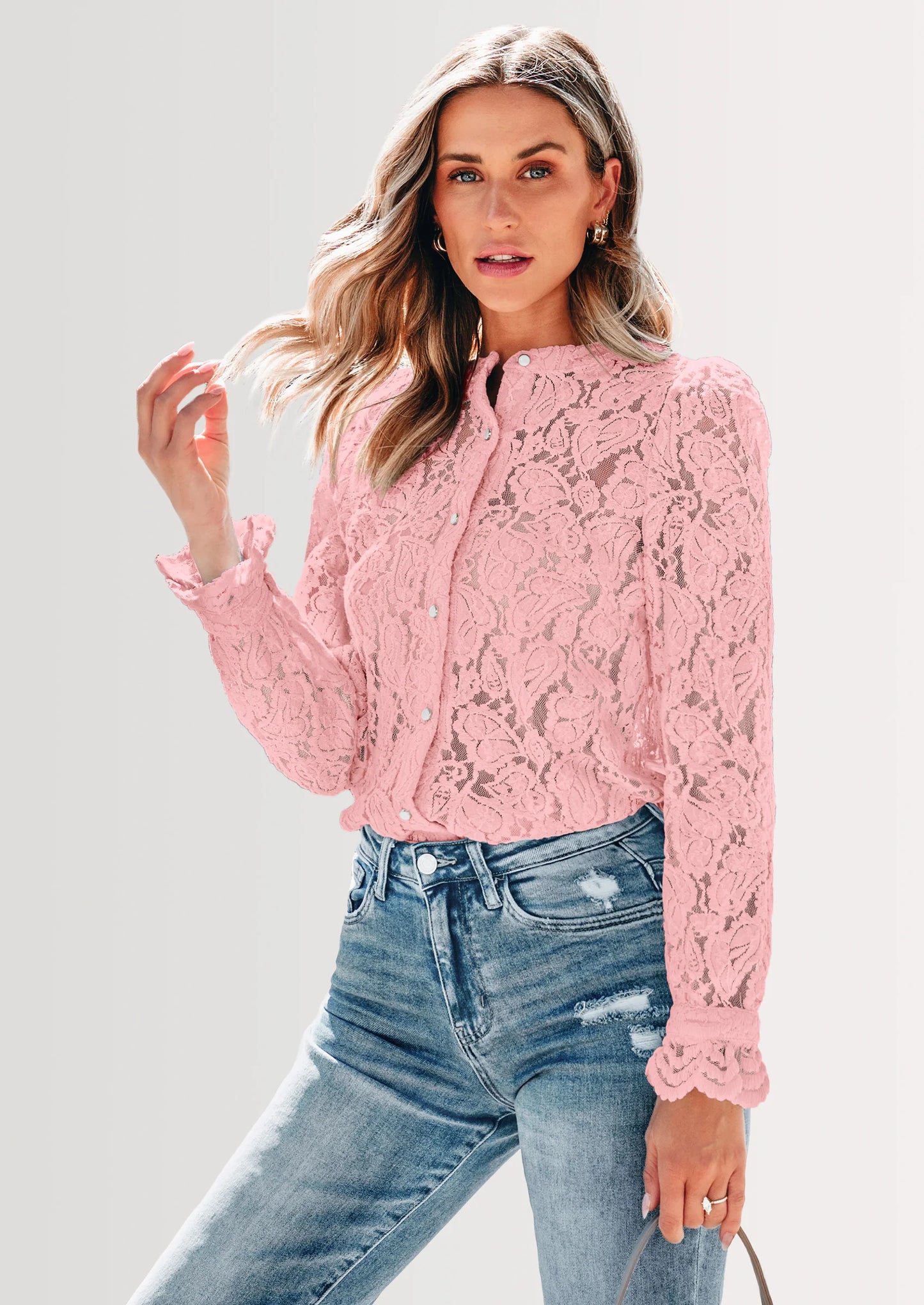 Women's Dressy Casual Lace Blouse Long Sleeve Button Up Shirts Tops Spring Fall Fashion Clothes