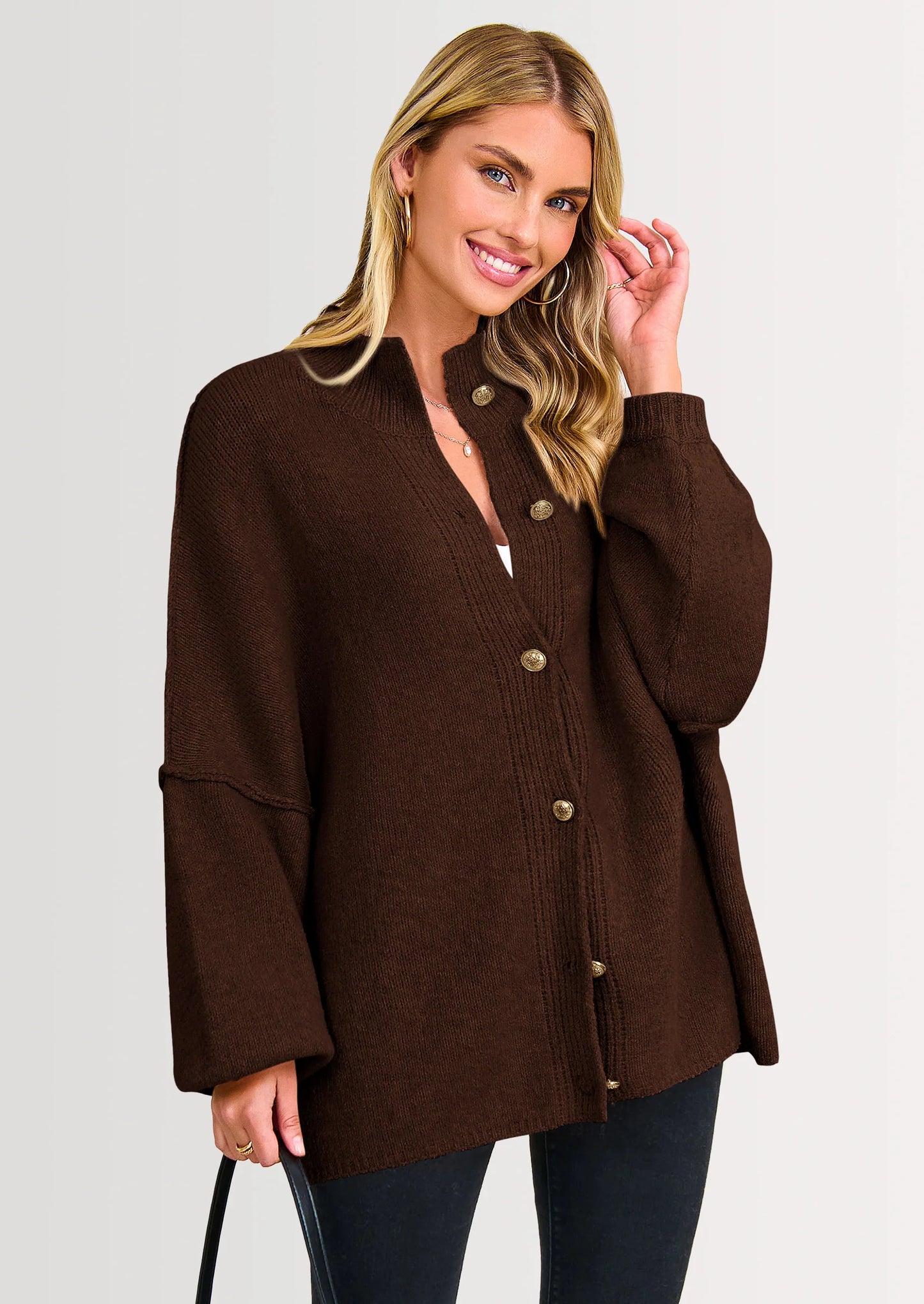 Women's Winter Button Down Cardigan Sweaters Mock Neck Lantern Long Sleeve Chunky Knit Jacket Trendy Outerwear