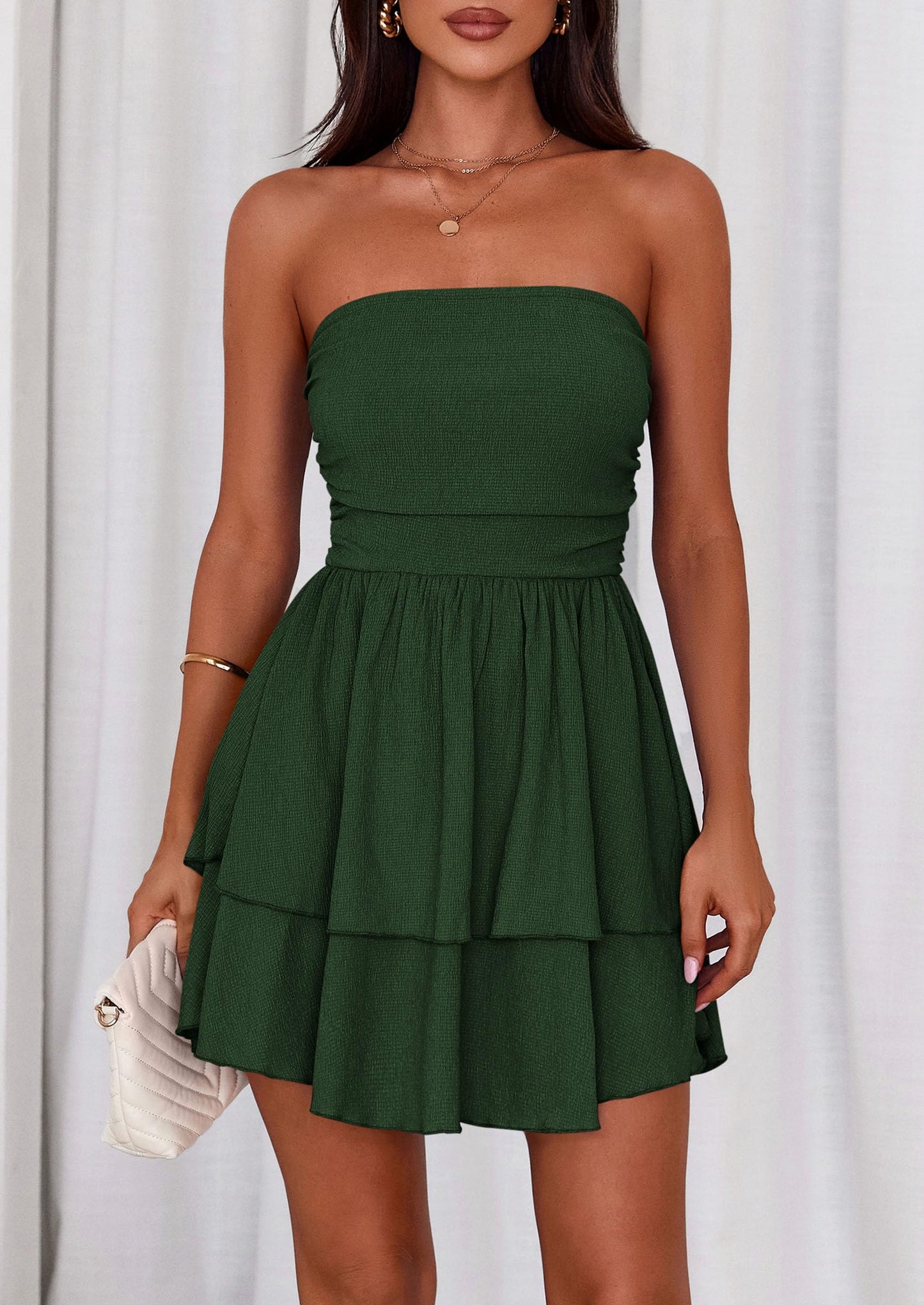Women's Summer Strapless Tube Mini Dress Off Shoulder Smocked Ruffle A Line Flowy Short Party Club Dresses
