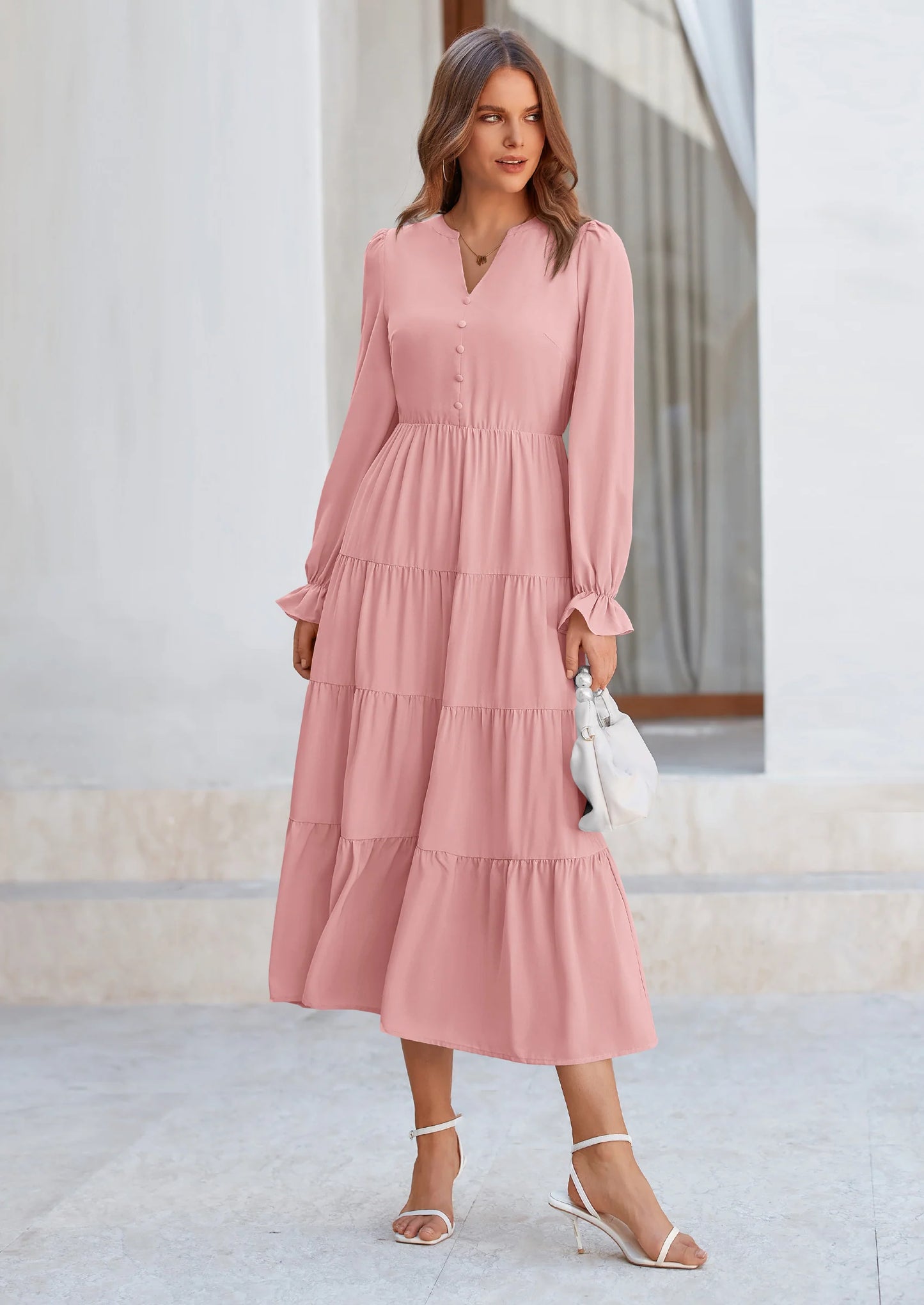 Women Fall Long Sleeve Smocked Maxi Dress Casual Square Neck Swiss Dot Tiered Ruffle Flowy Spring Pocket Dresses