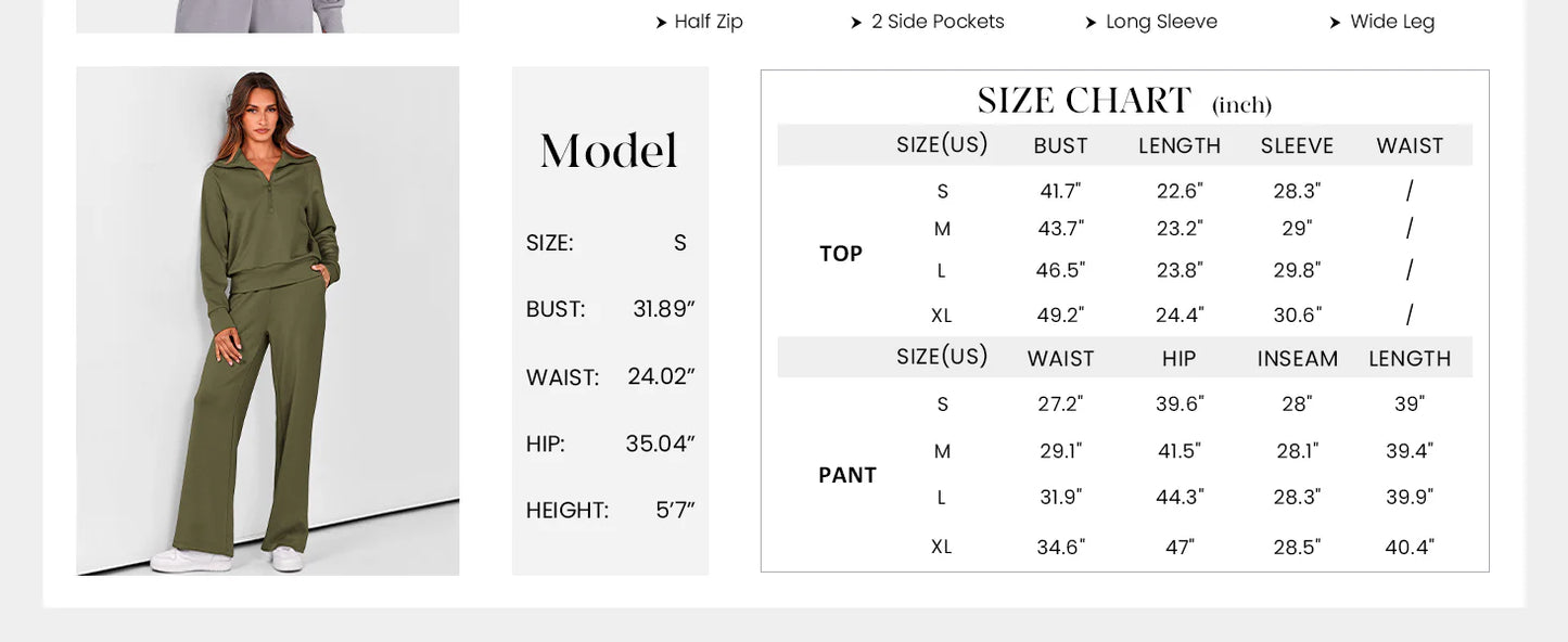 Women's 2 Piece Outfits Casual Lapel Half Zip Sweatshirts And Wide Leg Pants Tracksuit Sets