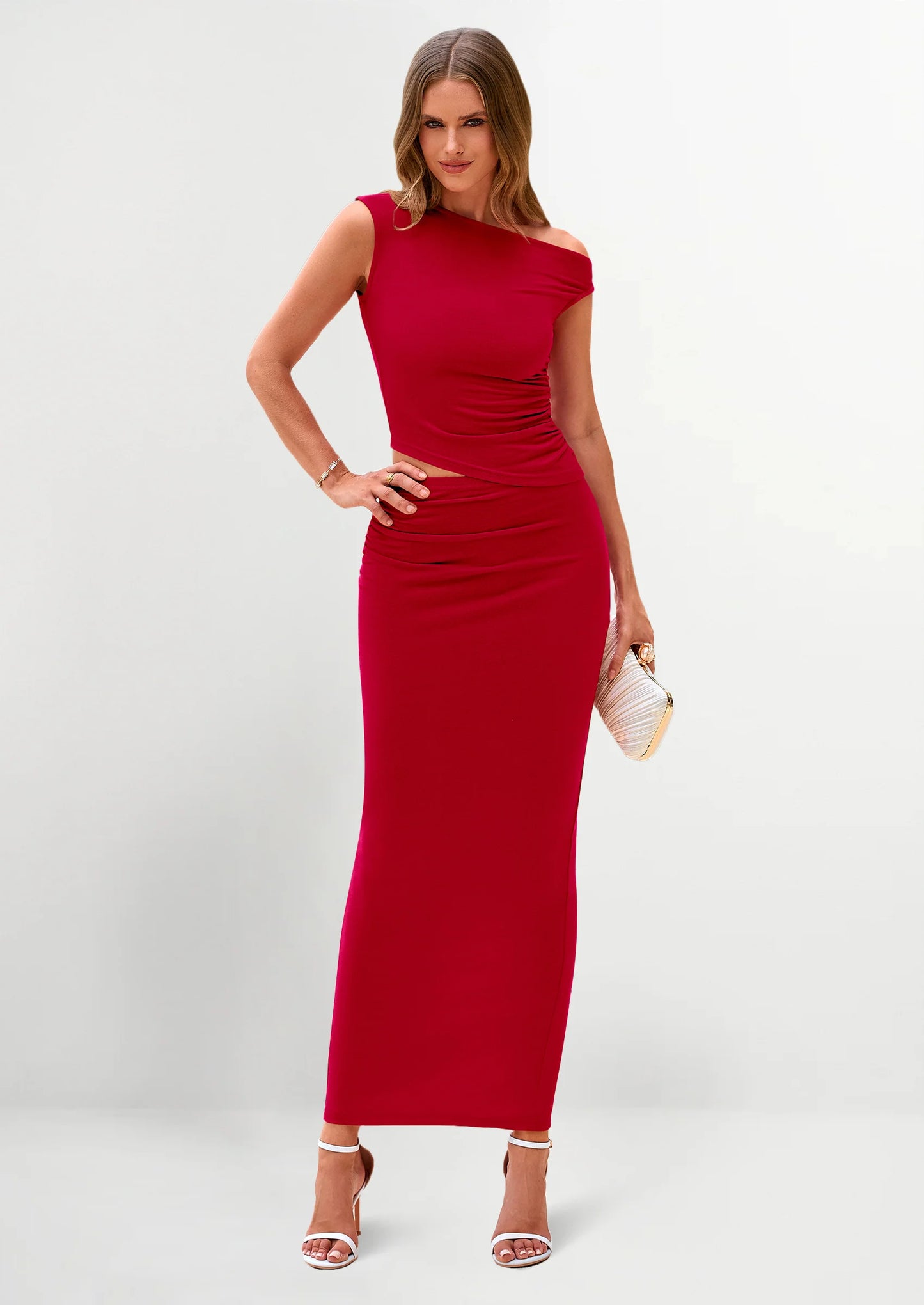 Maxi Skirt Sets Women 2 Piece Outfits Summer Spring One Shoulder Sleeveless Ruched Bodycon Long Skirts