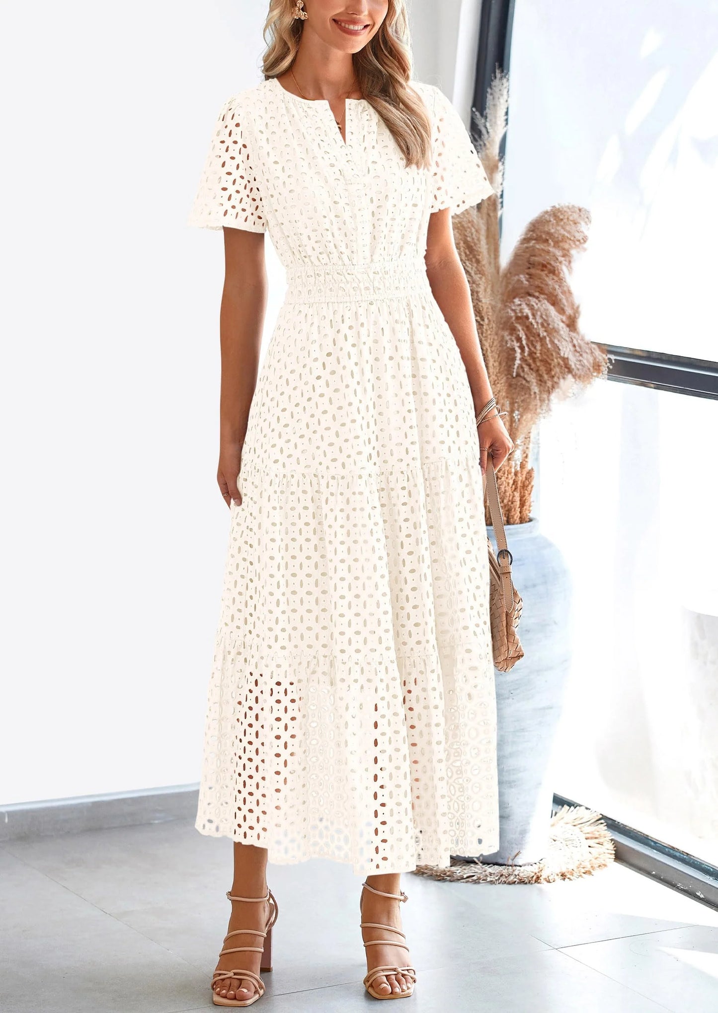 Womens Maxi Dress Short Sleeve V Neck Hollow Out Eyelet A Line Long Flowy Beach Vacation Dresses
