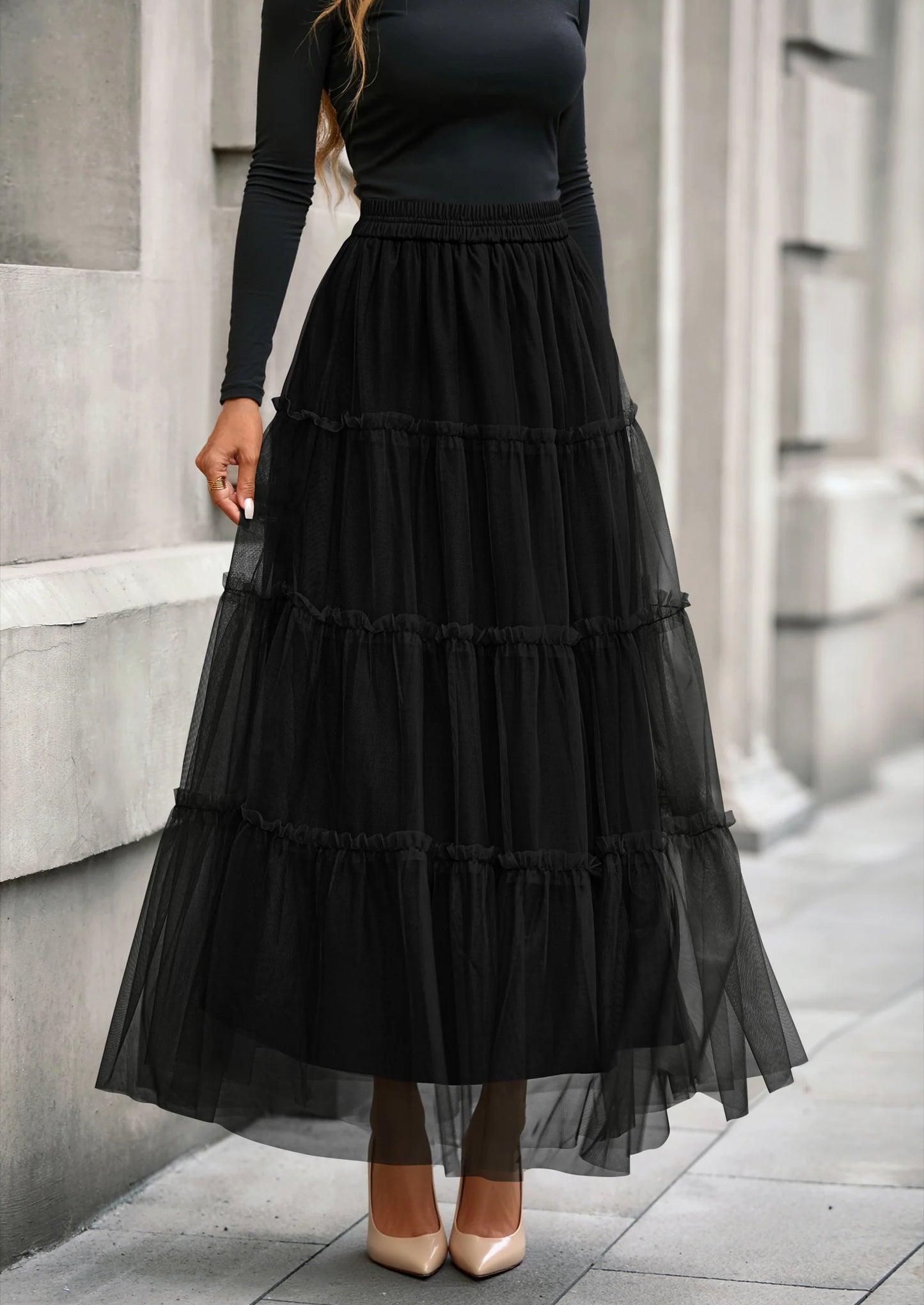Maxi Skirts for Women Fall Tulle High Waisted Ruffle Flowy A-Line Long Skirt Country Concert Outfits