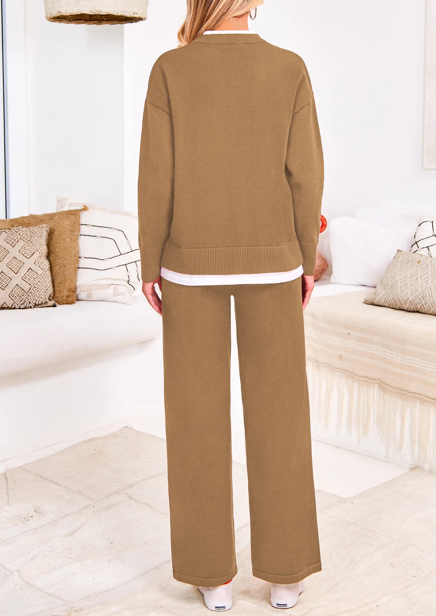 Two Piece Matching Sweater Lounge Sets Knit Long Sleeve Pullover Tops Wide Leg Pants