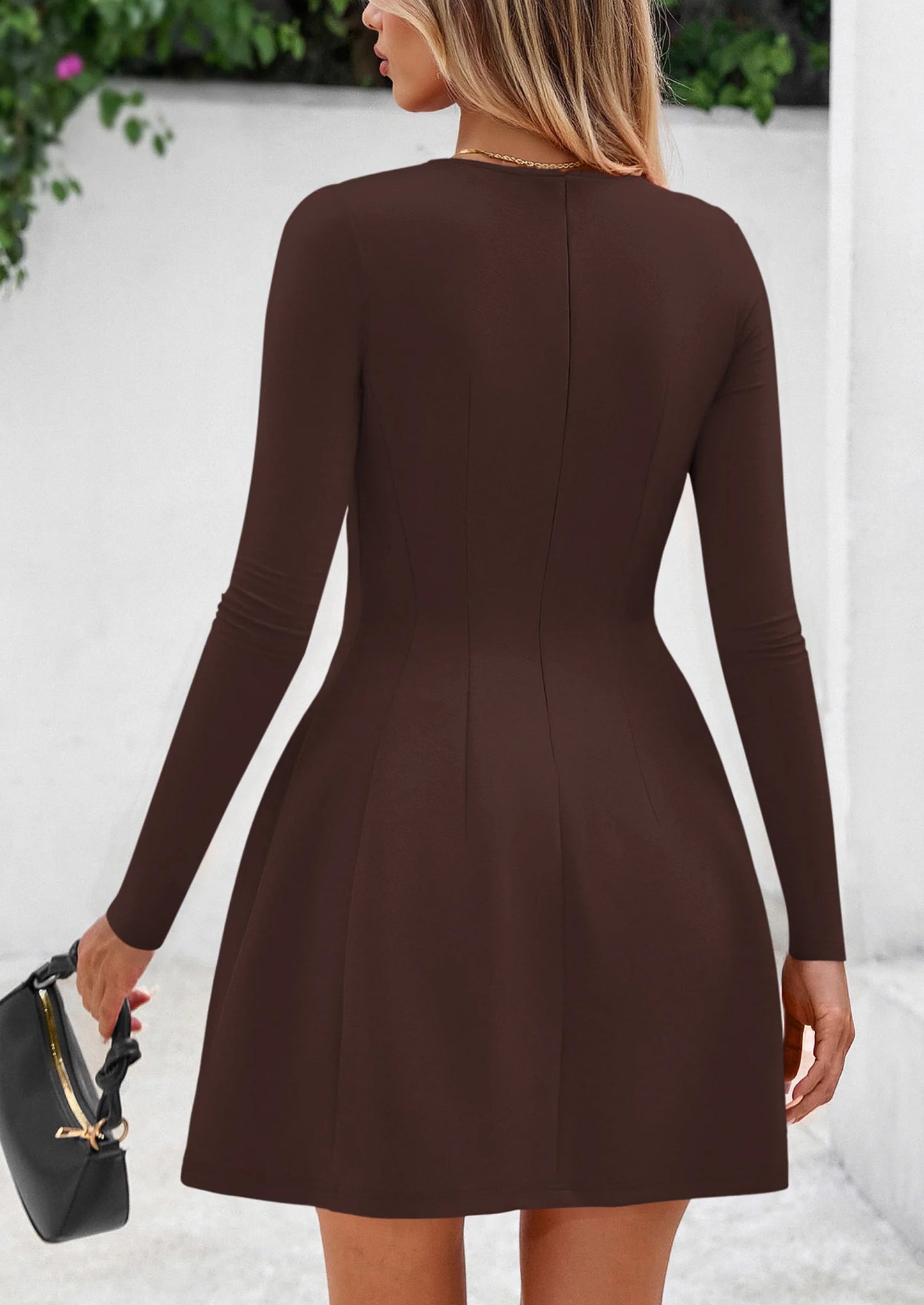 Long Sleeve Mini Dress for Women Fall Crewneck Knit Pleated Babydoll A Line Soft Casual Short Party Dresses