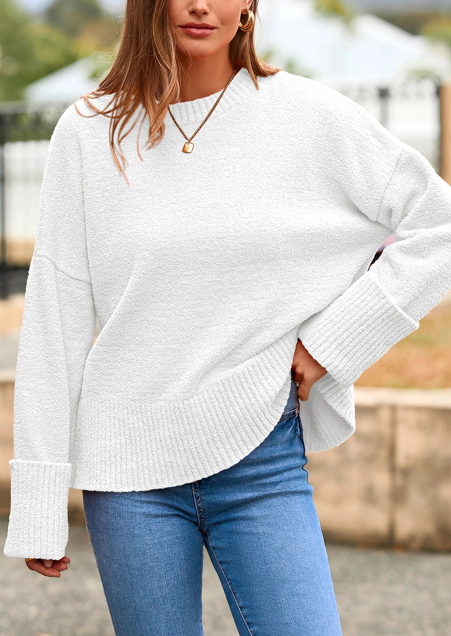 Women's Fall Oversized Sweaters Casual Crewneck Pullover Long Sleeve Fuzzy Chunky Knit Tops Blouse