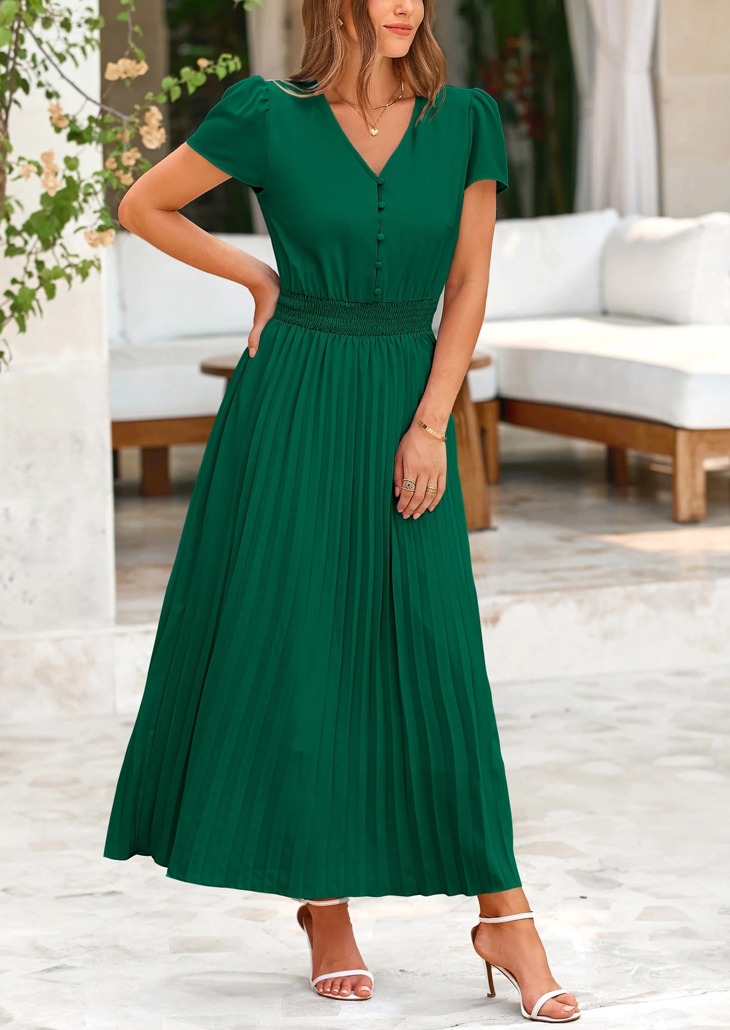 Women's Maxi Dresses Summer Trendy Cap Short Sleeve Button V Neck Casual Flowy Pleated Long Dress