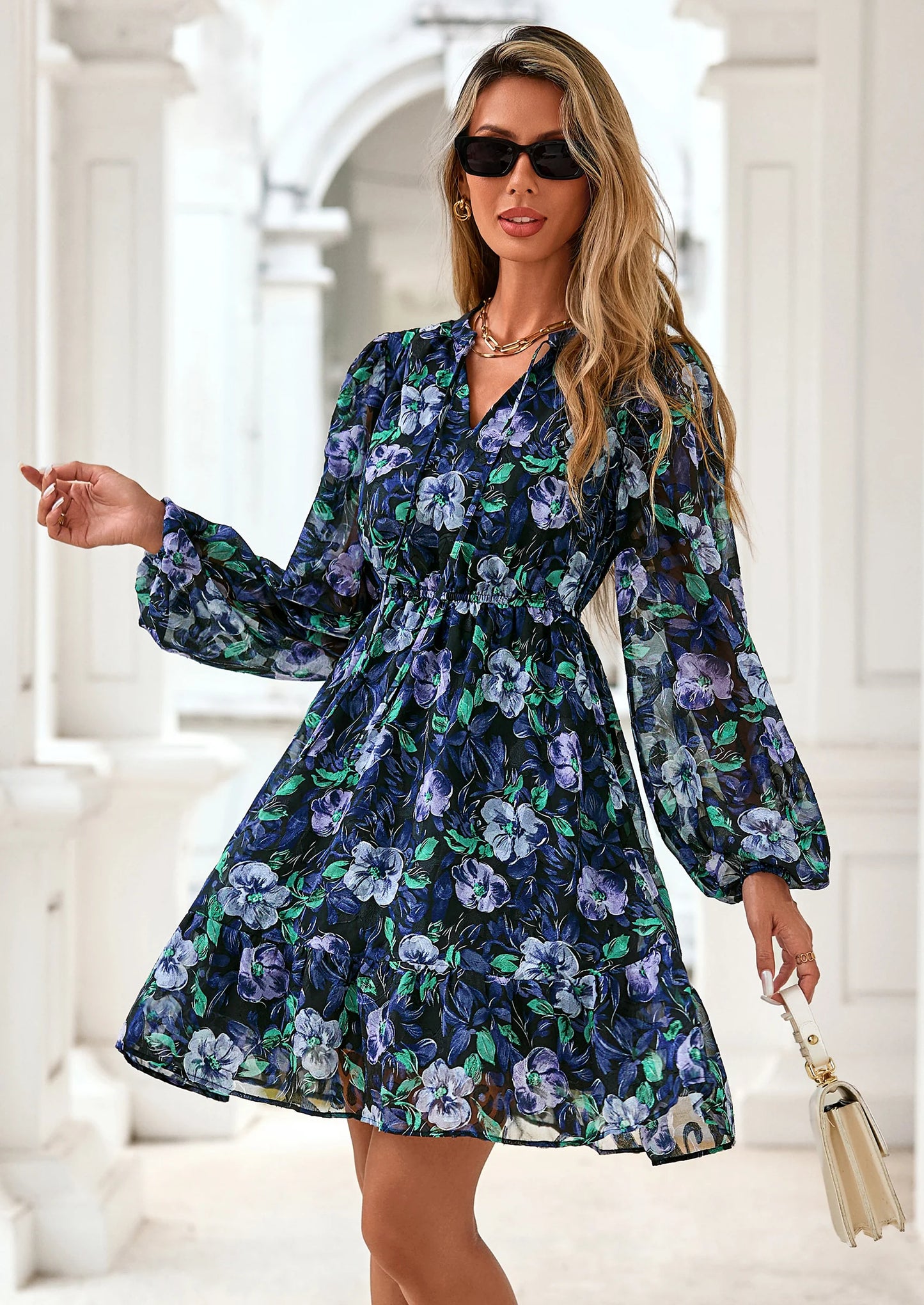 Women's Fall Boho Dresses Floral Long Sleeve V Neck Mini Flowy Wedding Guest Dress Trendy Vacation Outfits