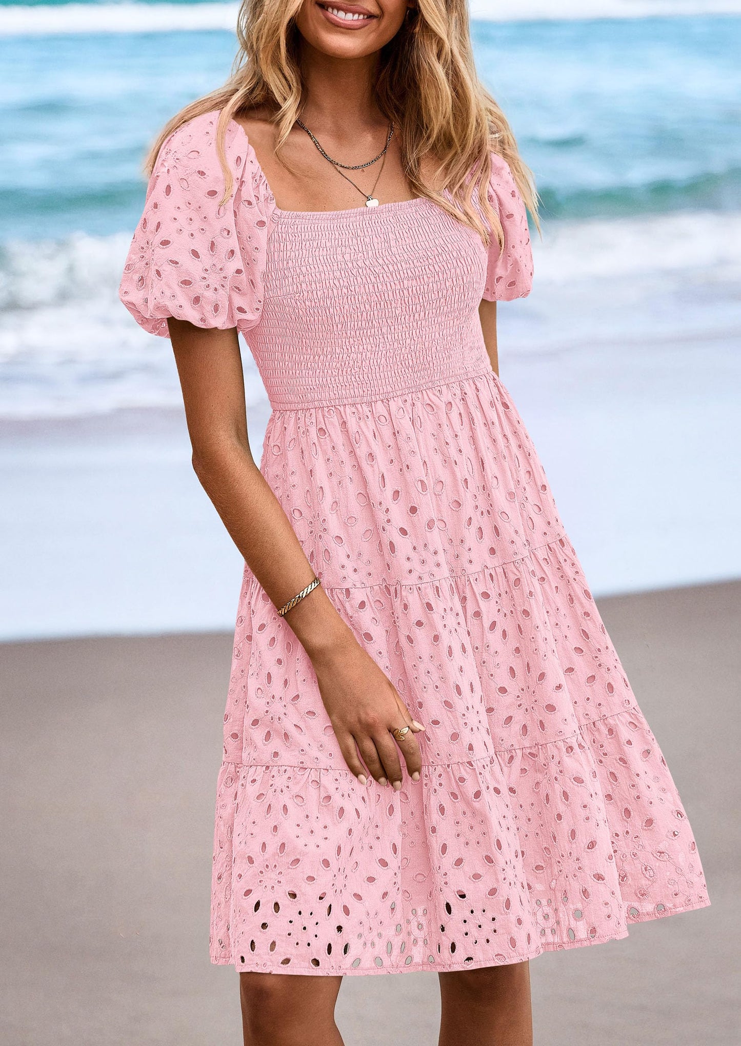 Womens Summer Puff Sleeve Mini Dress Off Shoulder Eyelet Smocked A Line Casual Babydoll Short Dresses