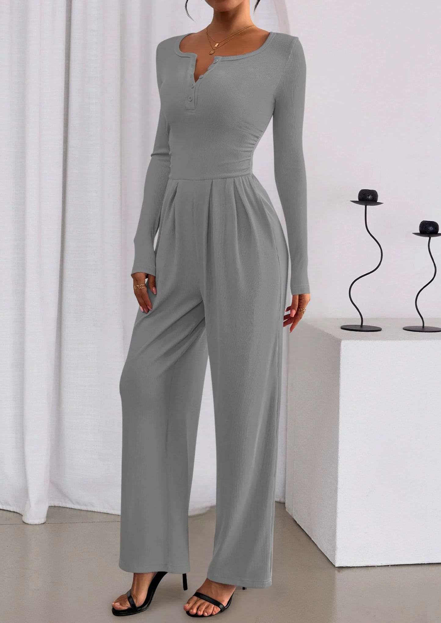 Jumpsuits for Women Dressy Casual Fall One Piece Outfits Long Sleeve Crew Neck Wide Leg Pants Rompers