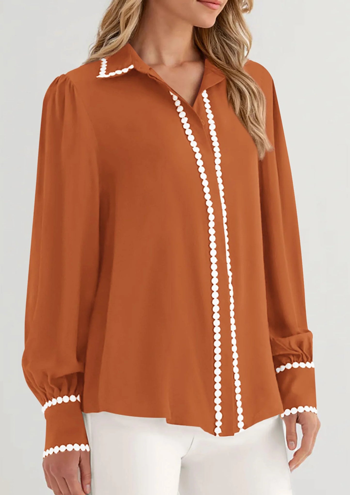 Womens Long Sleeve Button Down Shirts Trendy V Neck Loose Fit Fall Tops Collared Dressy Casual Blouses