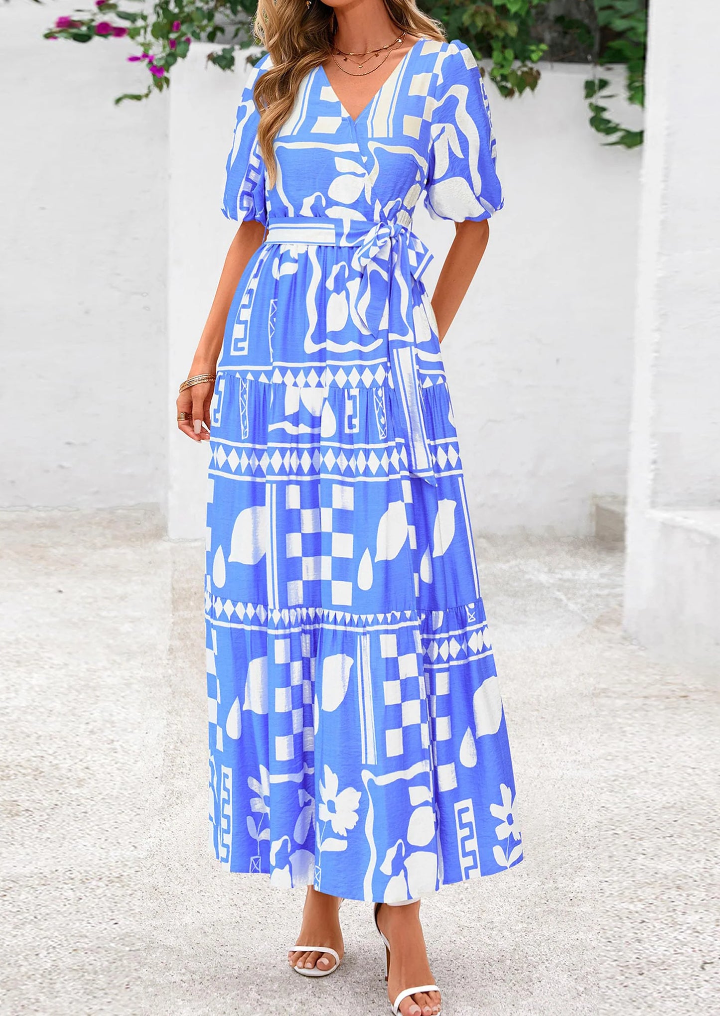 Women's Maxi Dress Resort Wear Boho Floral V Neck Puff Short Sleeve Ruffle Flowy Beach Long Dresses