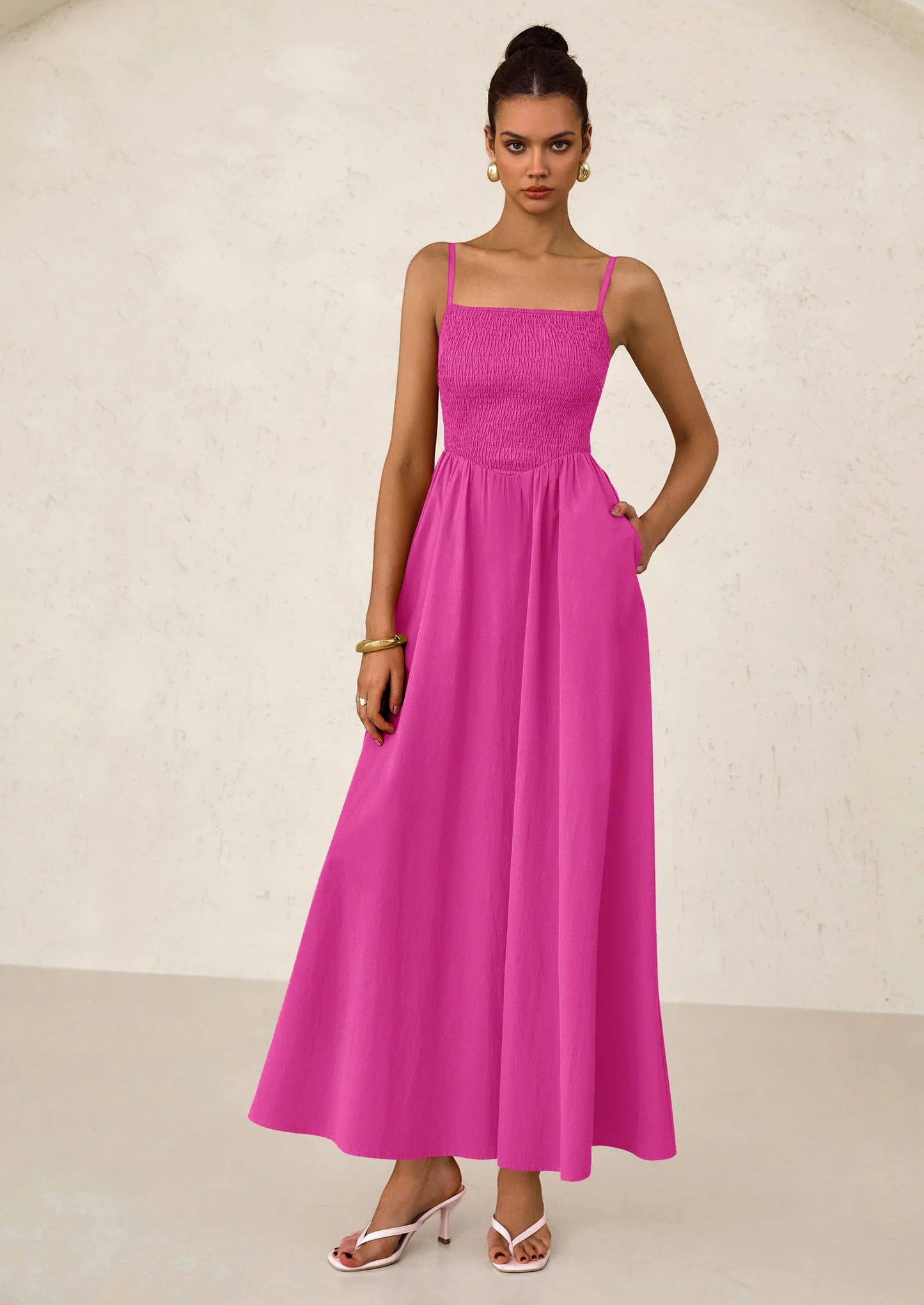 Women's Smocked Maxi Dresses Beach Sundress Casual Spaghetti Strap Swing A Line Long Flowy Dress