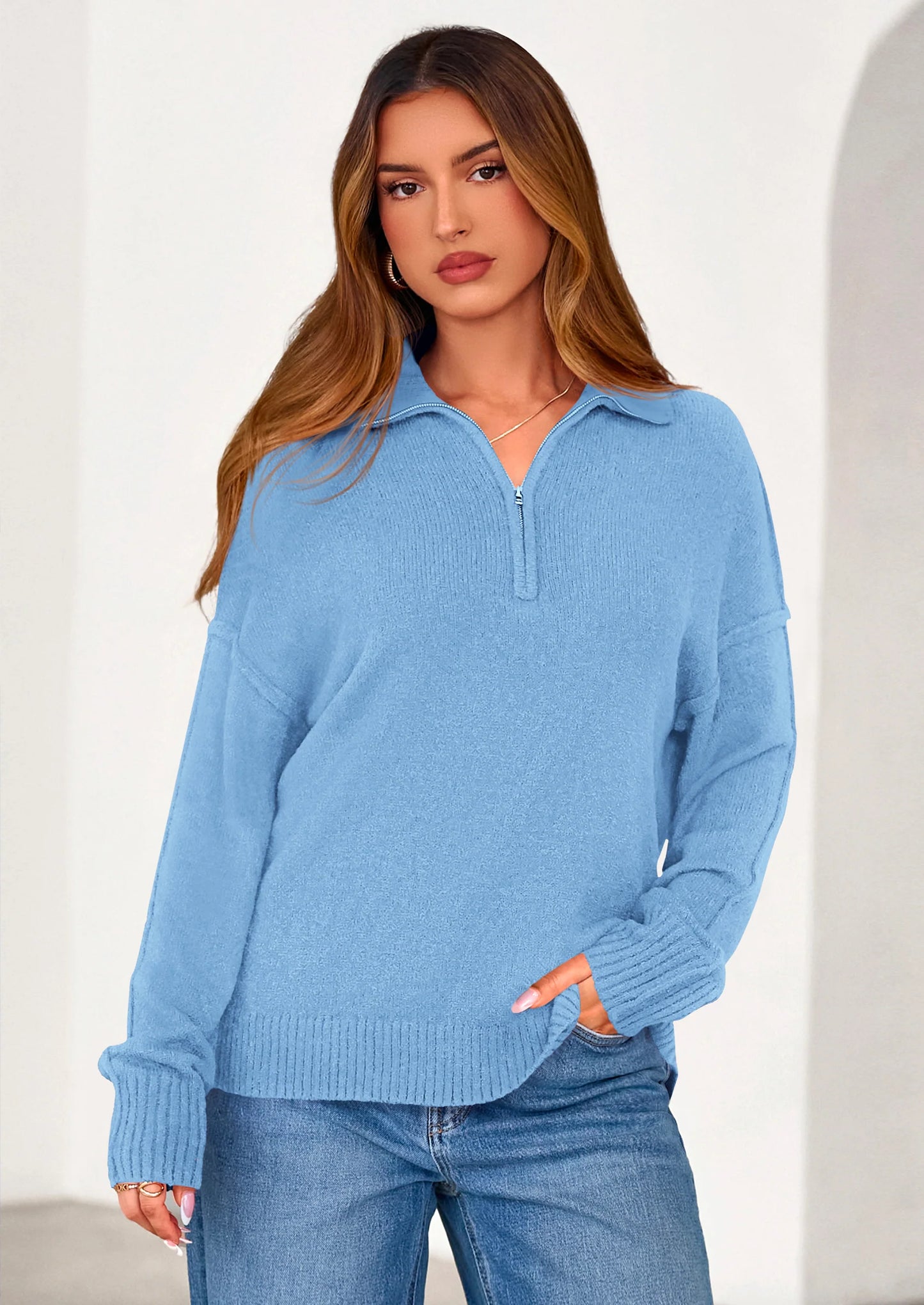 Womens Sweaters Quarter Zip Pullover Early Fall Fashion Long Sleeve V Neck Collared Knit Winter Jumper Tops