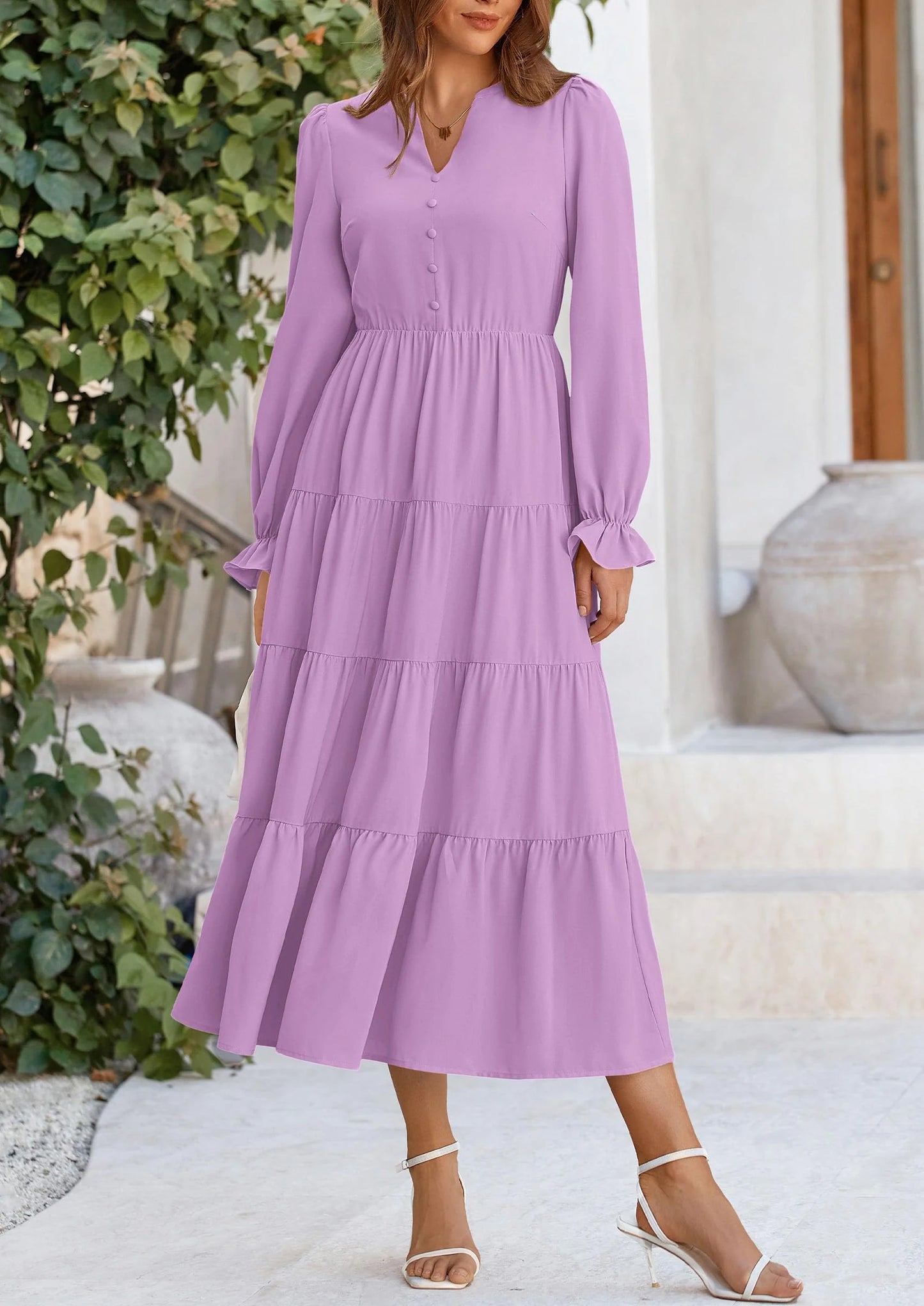 Women Fall Long Sleeve Smocked Maxi Dress Casual Square Neck Swiss Dot Tiered Ruffle Flowy Spring Pocket Dresses