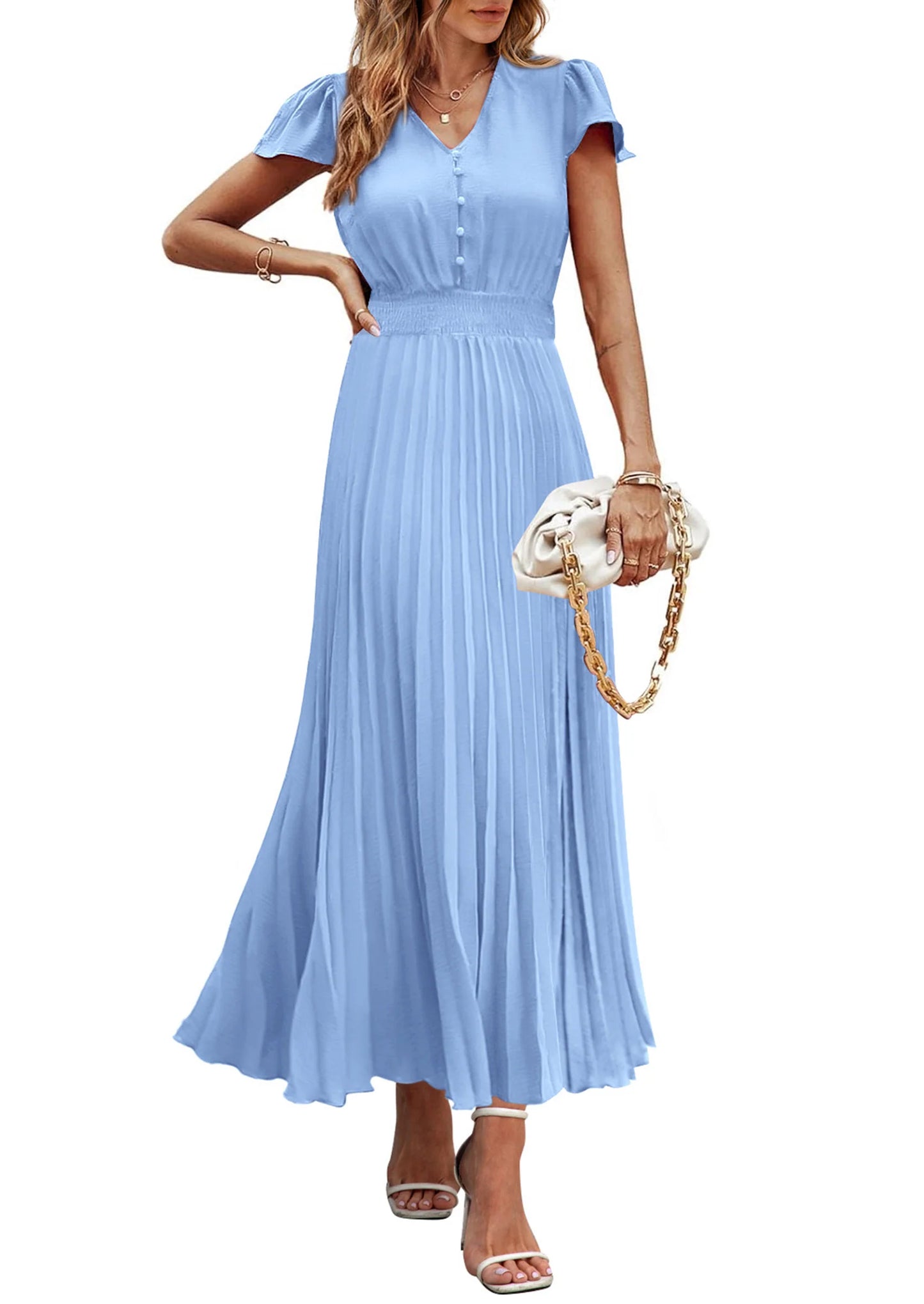 Women's Maxi Dresses Summer Trendy Cap Short Sleeve Button V Neck Casual Flowy Pleated Long Dress