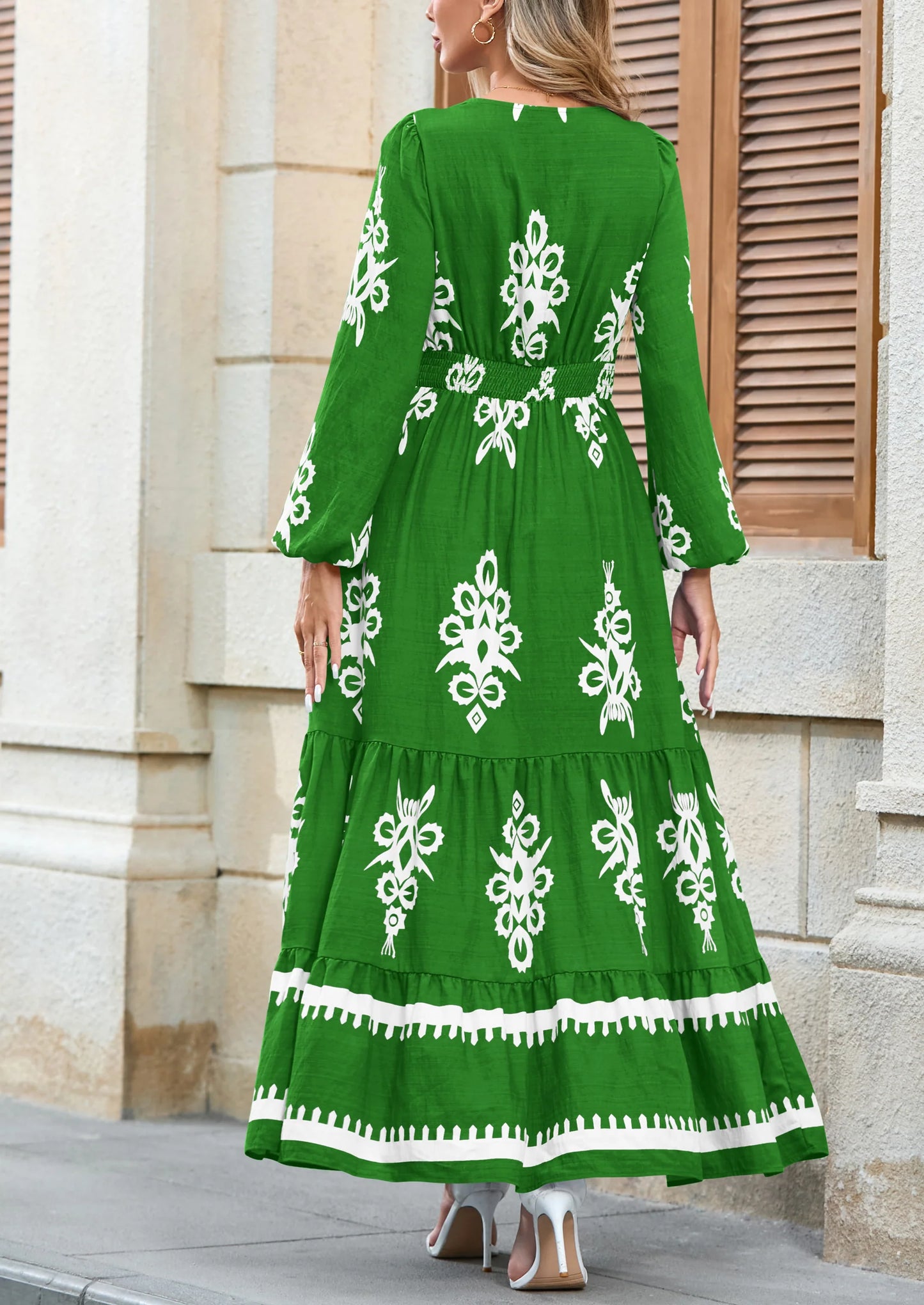 Women's Fall Wedding Guest Dresses Boho Floral Long Sleeve V Neck Flowy Elegant Maxi Dress Beach Clothes