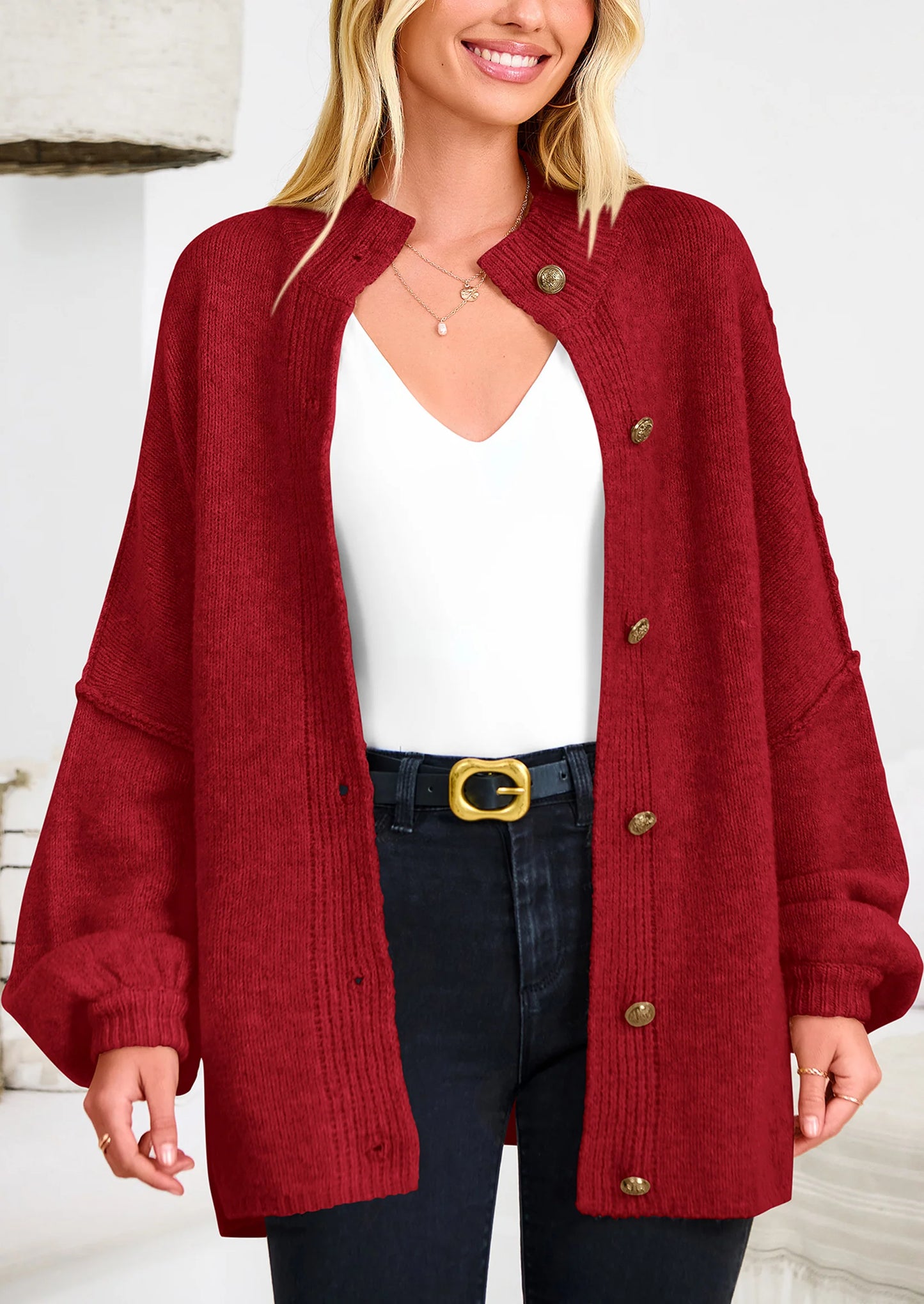 Women's Winter Button Down Cardigan Sweaters Mock Neck Lantern Long Sleeve Chunky Knit Jacket Trendy Outerwear