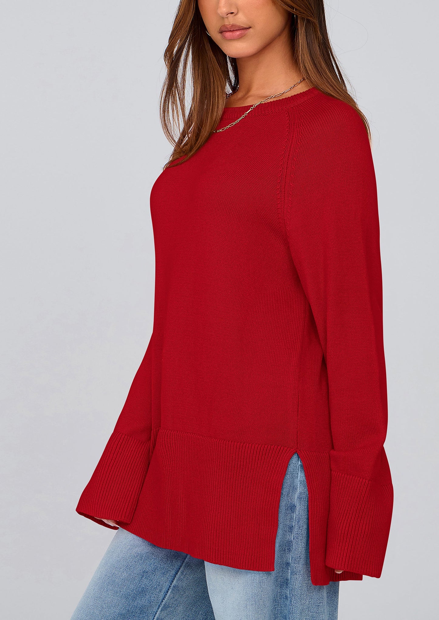Women's Knit Fall Sweaters Long Sleeve Pullover Crewneck Split Hem Oversized Tunic Sweater Tops Winter Clothing