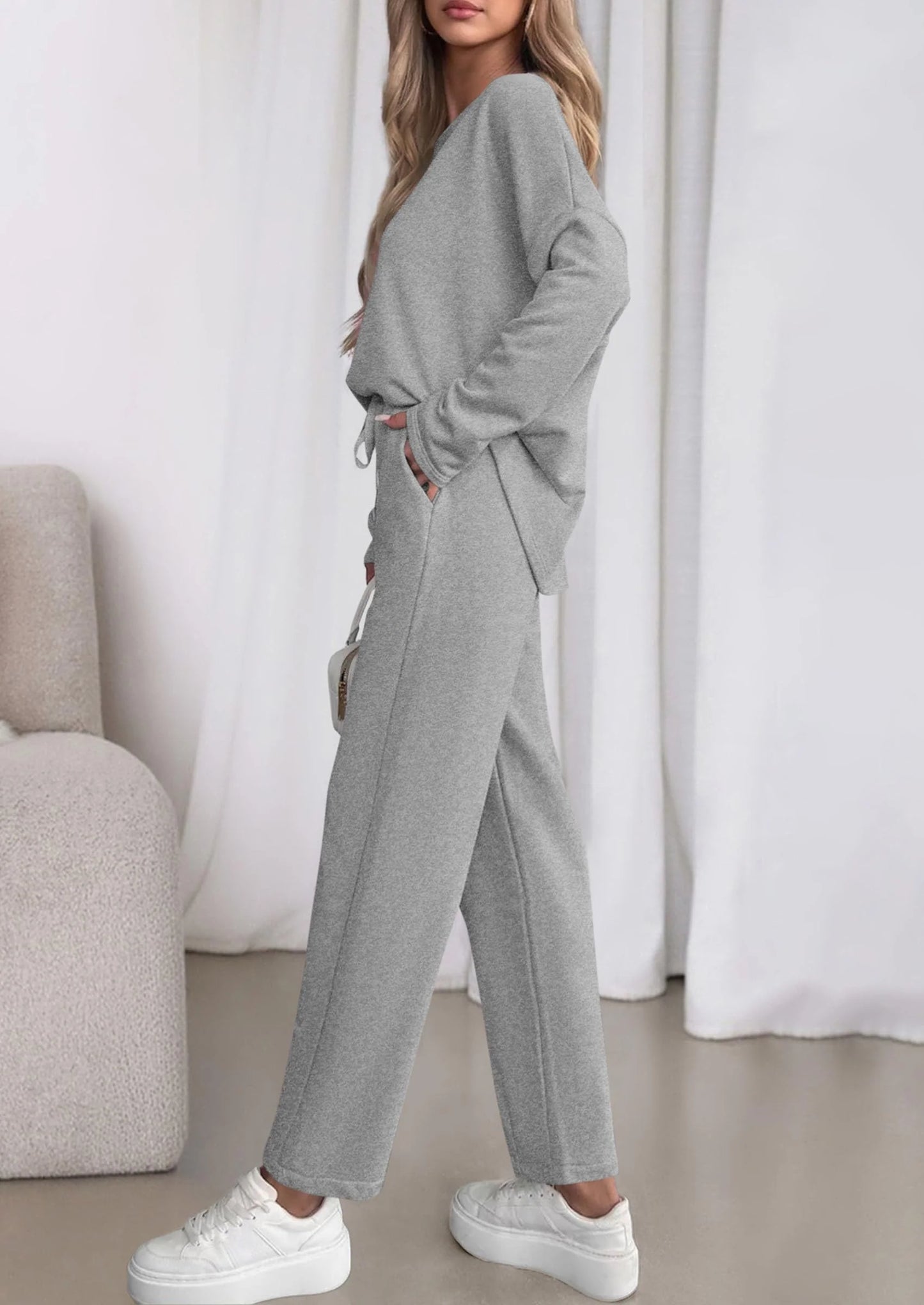 Womens 2 Piece Matching Lounge Sets Fall Long Sleeve Boatneck Sweatsuit Drawstring Sweatpants Pockets
