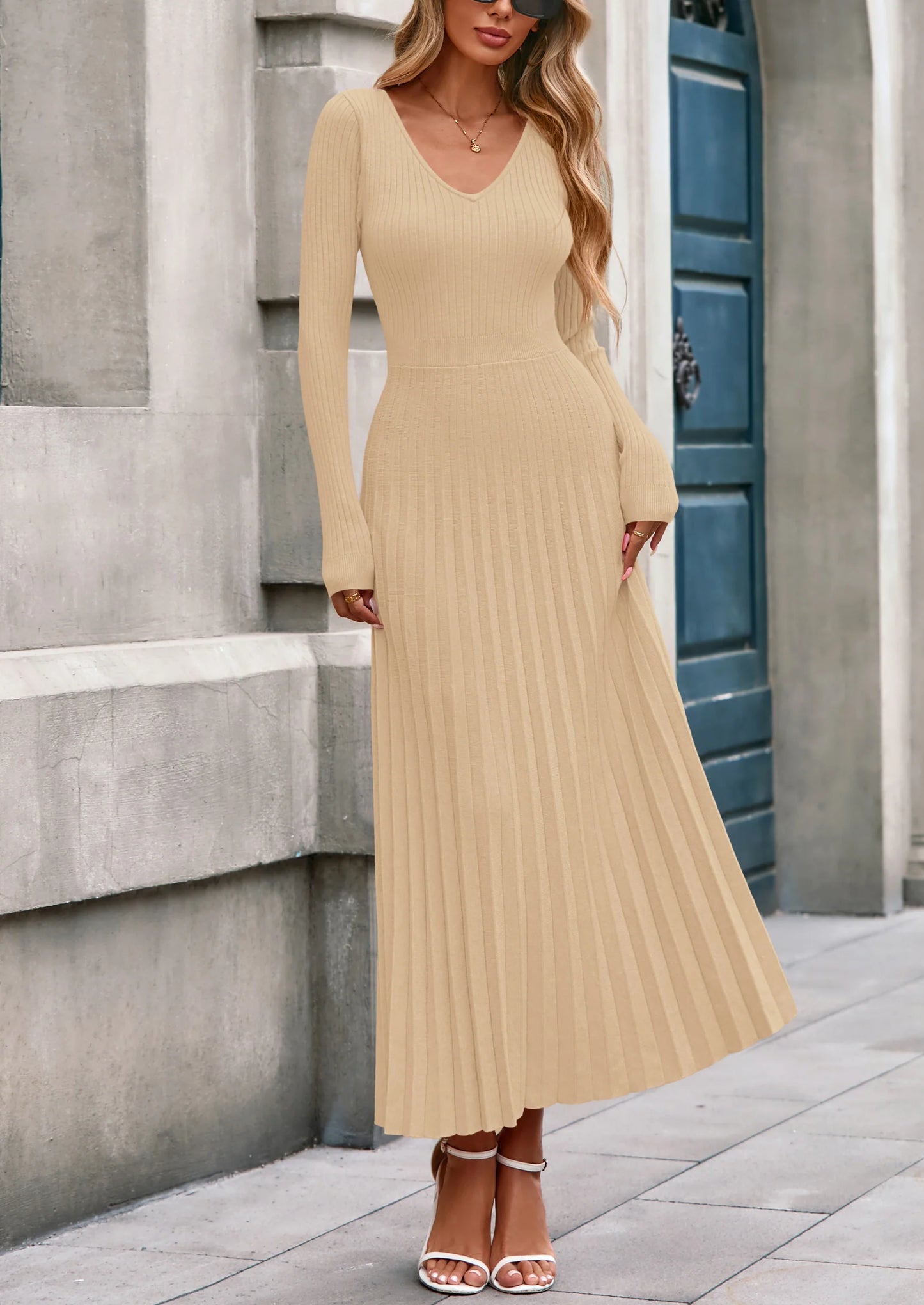 Women Sweater Dress Fall Fashion Long Sleeve V Neck Ribbed Knit Pleated A Line Elegant Maxi Winter Dresses