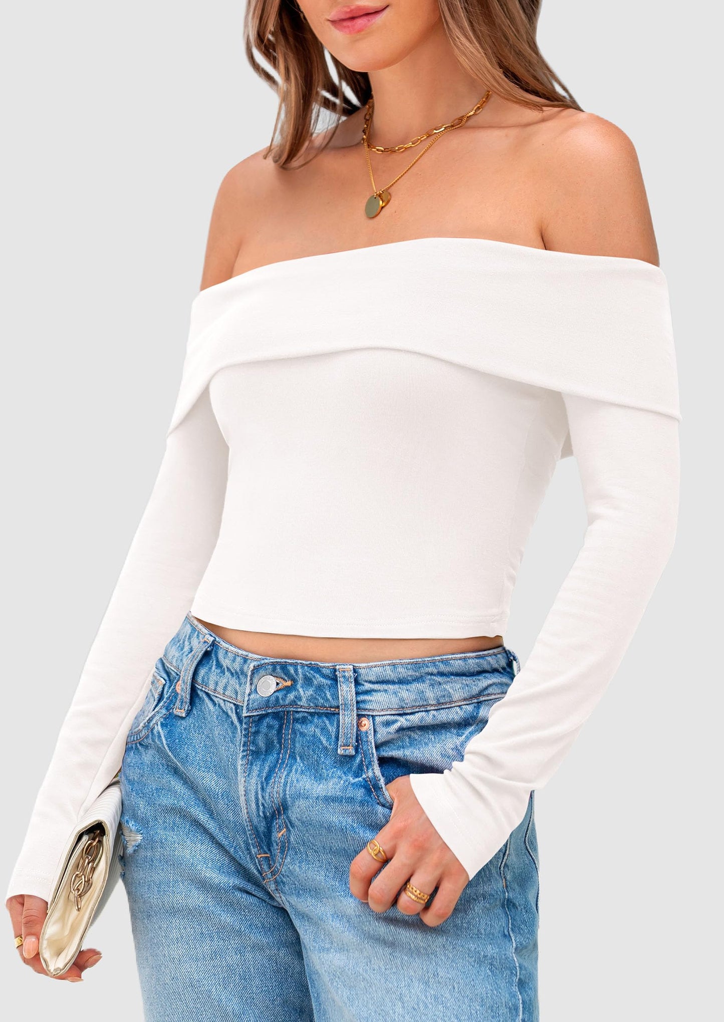 Off The Shoulder Tops for Women Long Sleeve Shirts Trendy Going Out Crop Top Spring Fashion Clothes