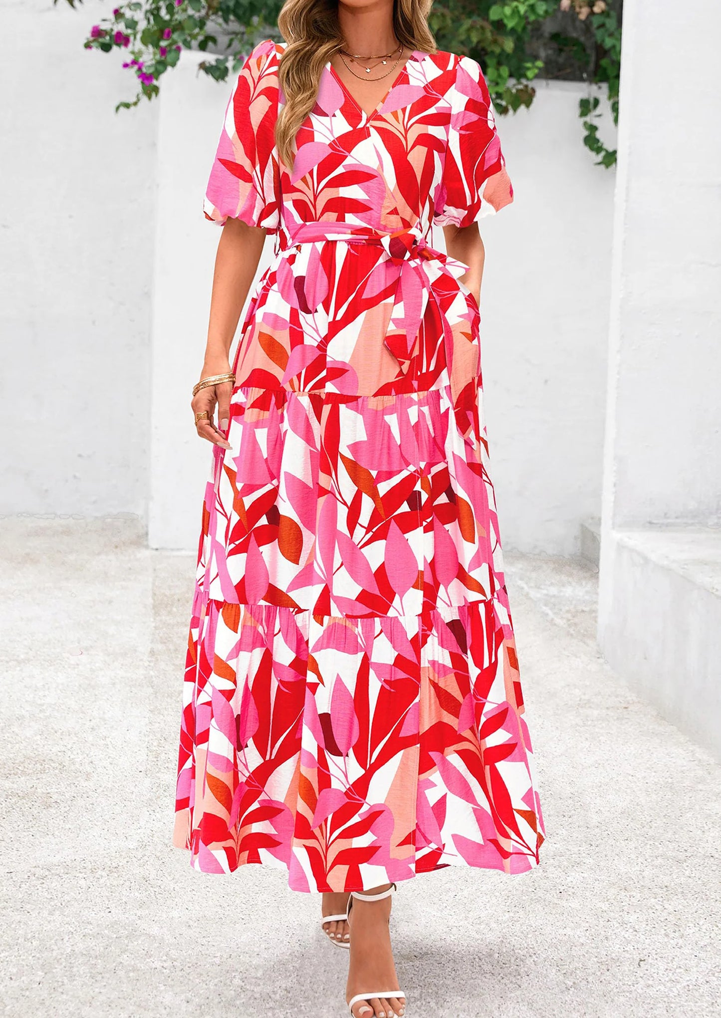 Women's Maxi Dress Resort Wear Boho Floral V Neck Puff Short Sleeve Ruffle Flowy Beach Long Dresses