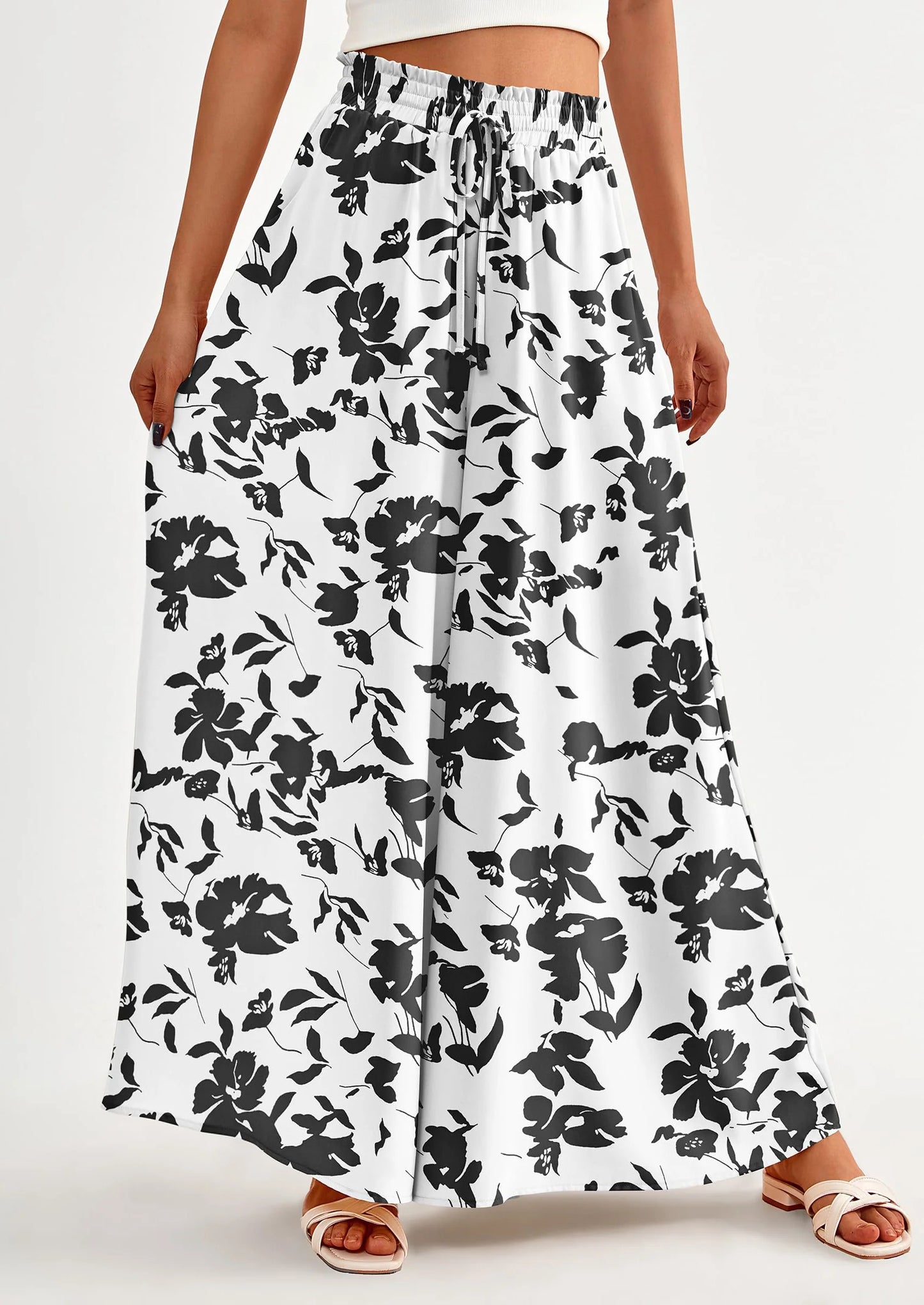 Women's Summer Wide Leg Palazzo Pants High Waisted Flowy Pockets Trendy Casual Lounge Boho Beach Trousers