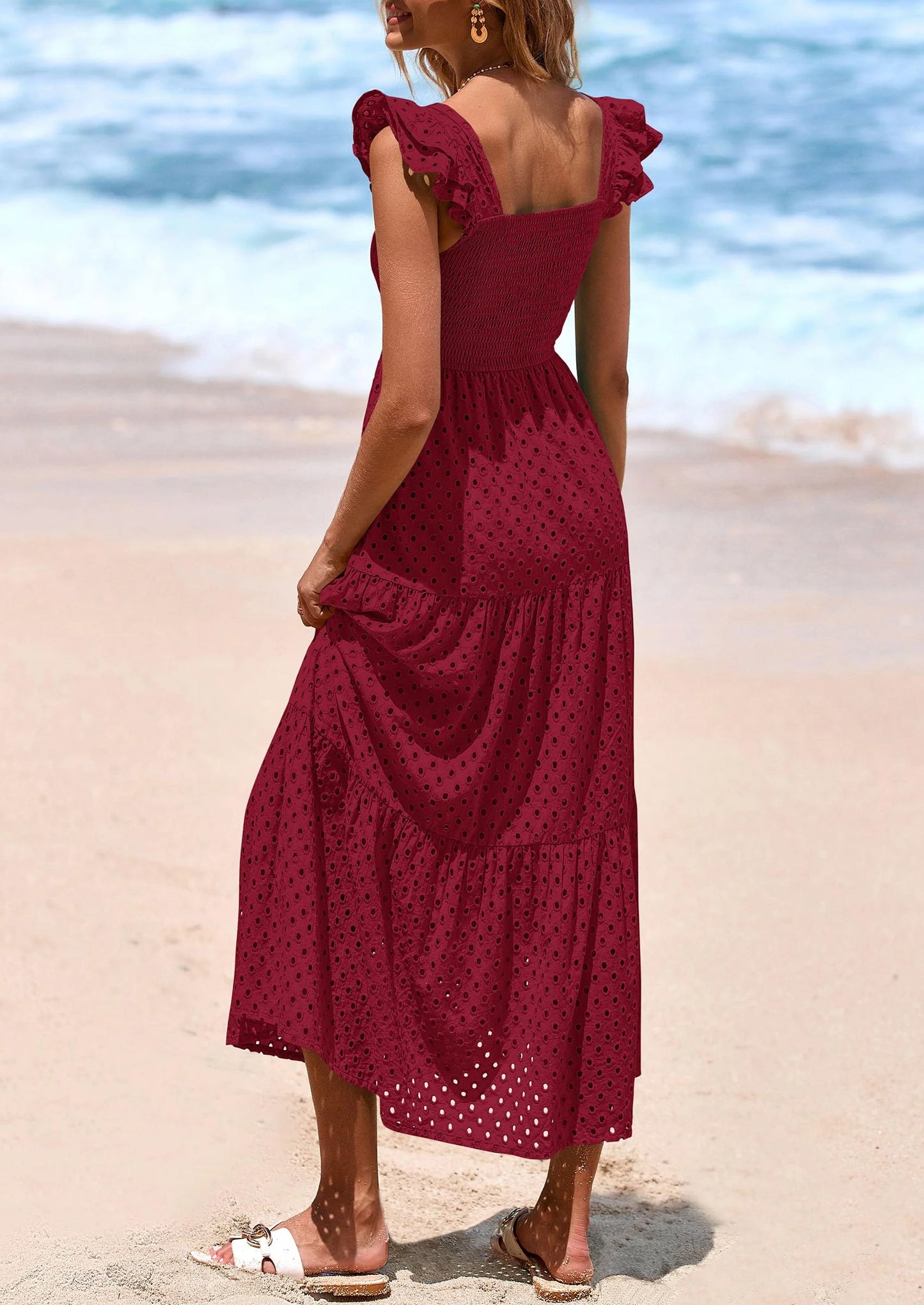Womens Square Neck Maxi Dresses Cap Sleeve Eyelet Smocked Tiered A Line Flowy Long Dress with Pockets