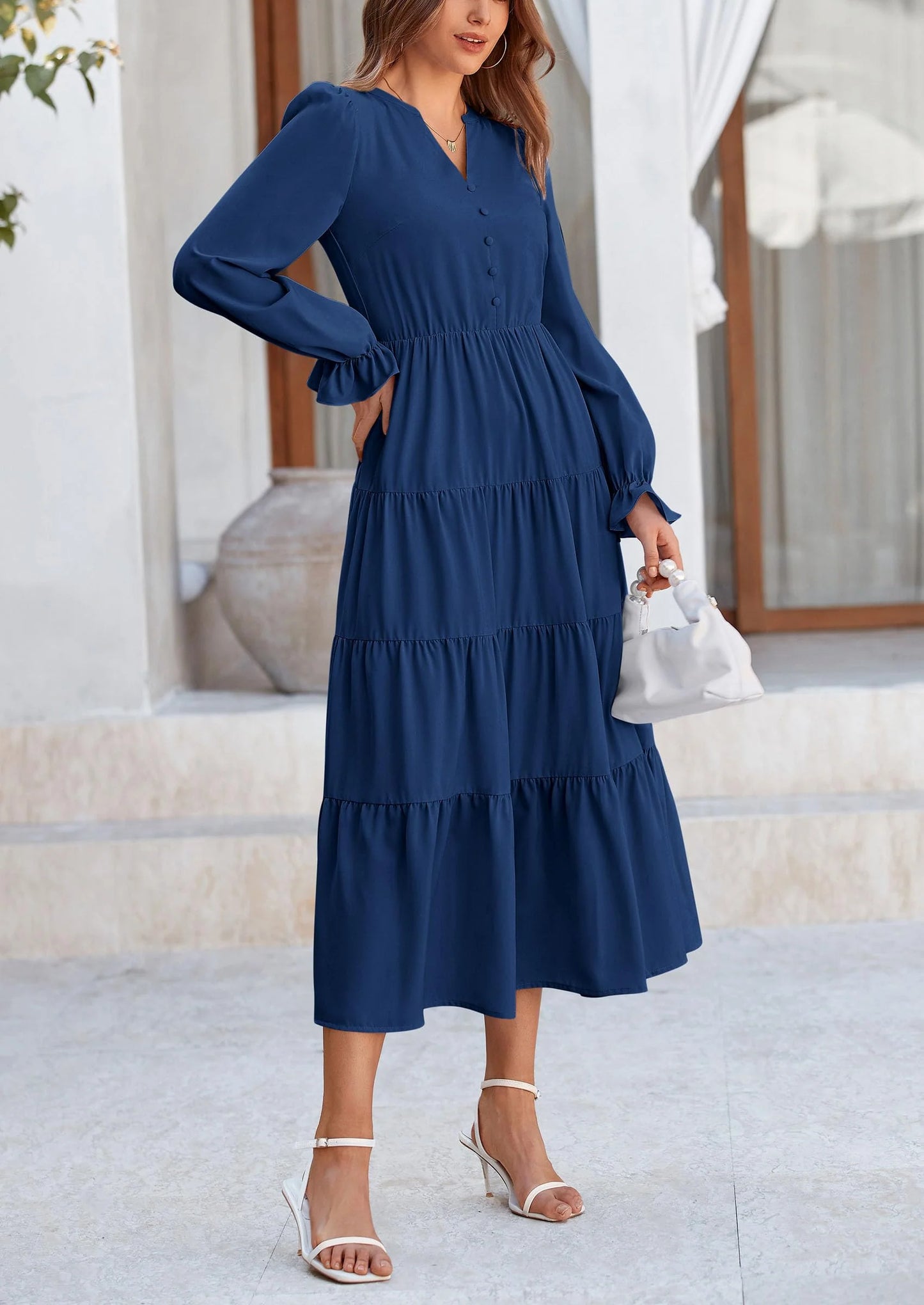 Women Fall Long Sleeve Smocked Maxi Dress Casual Square Neck Swiss Dot Tiered Ruffle Flowy Spring Pocket Dresses