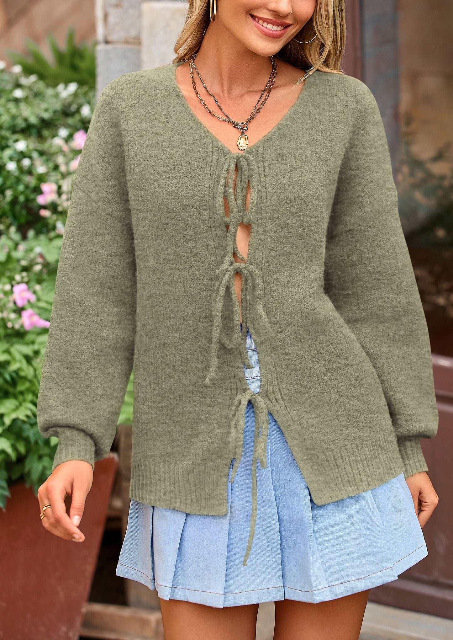 Women's Tie Front Bow Cardigan Sweaters Chunky Knit Long Puff Sleeve Trendy Fall Winter Jacket Coats