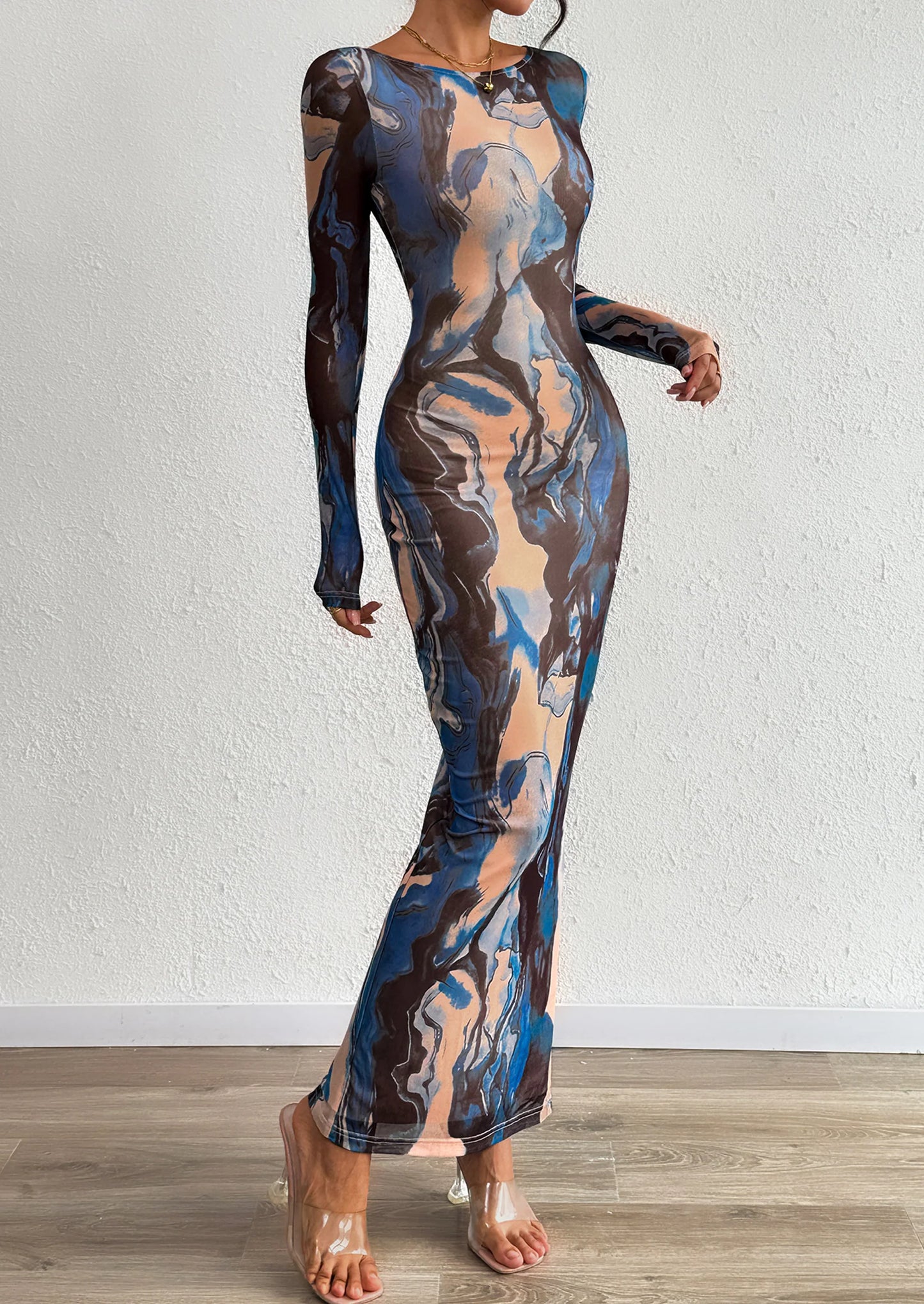 Bodycon Maxi Dress Fall Floral Long Sleeve Sexy Mesh Cocktail Wedding Guest Long Dresses