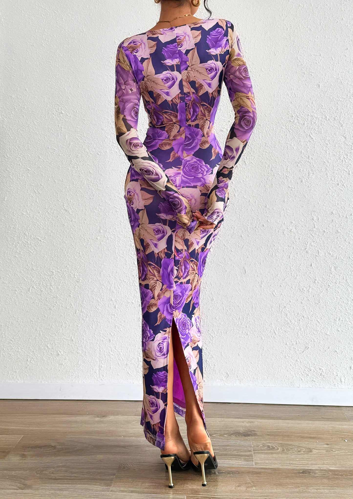 Bodycon Maxi Dress Fall Floral Long Sleeve Sexy Mesh Cocktail Wedding Guest Long Dresses