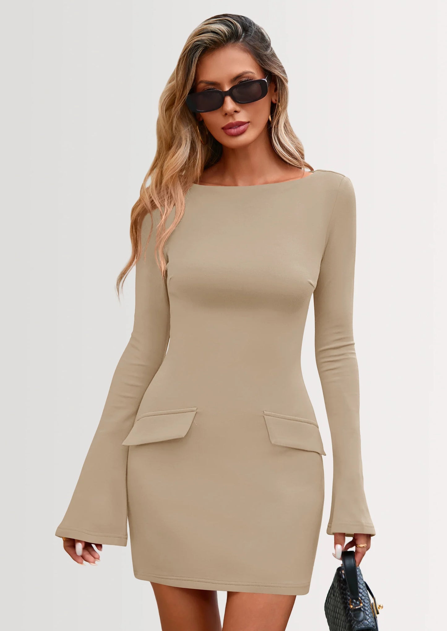 Womens Fall Long Sleeve Mini Dress Trendy Boat Neck Bodycon Knit Elegant Short Party Dresses