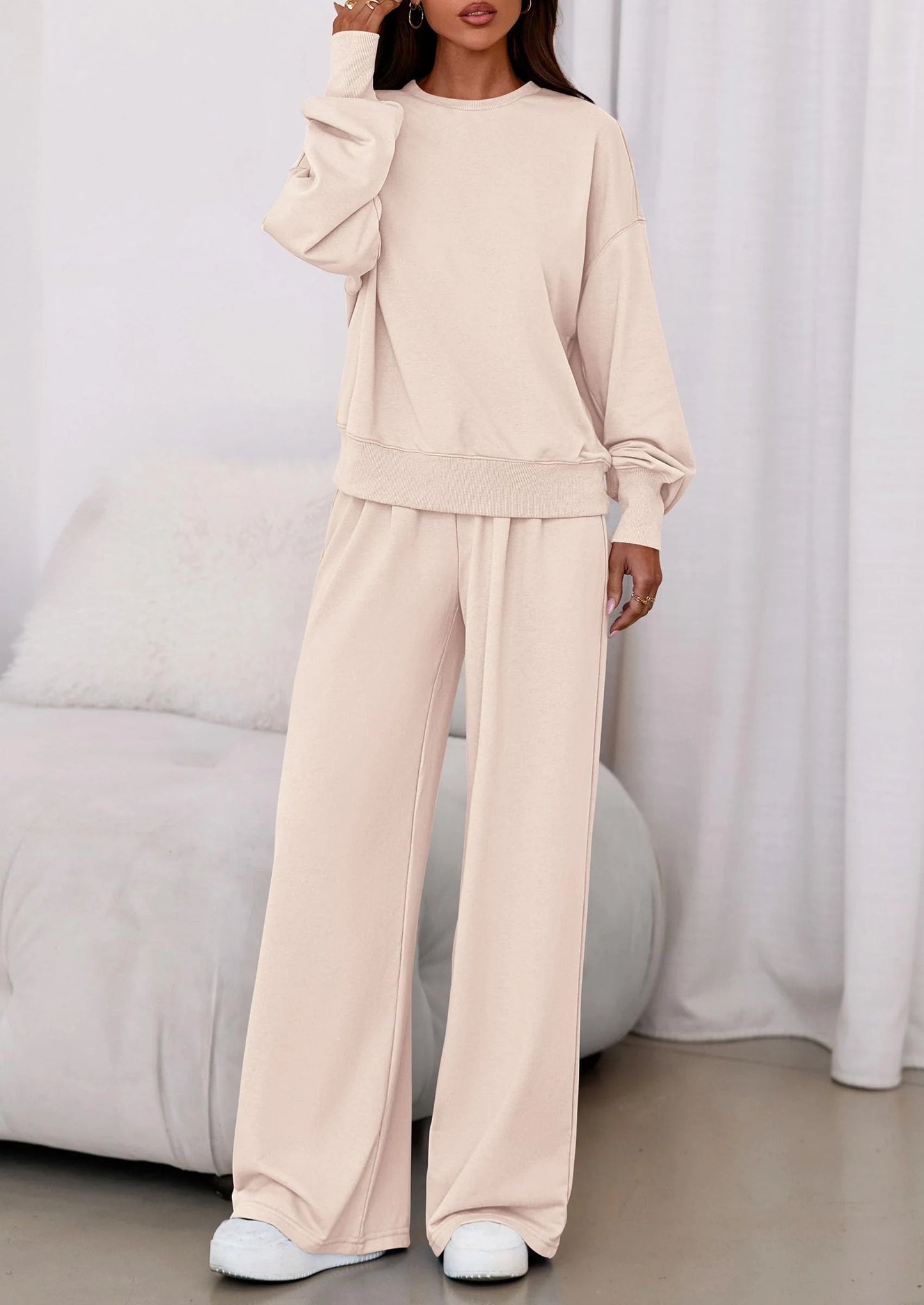 Womens 2 Piece Sets Long Sleeve Sweatshirt Wide Leg Pants Loose Matching Lounge Set Trendy Fall Outfits