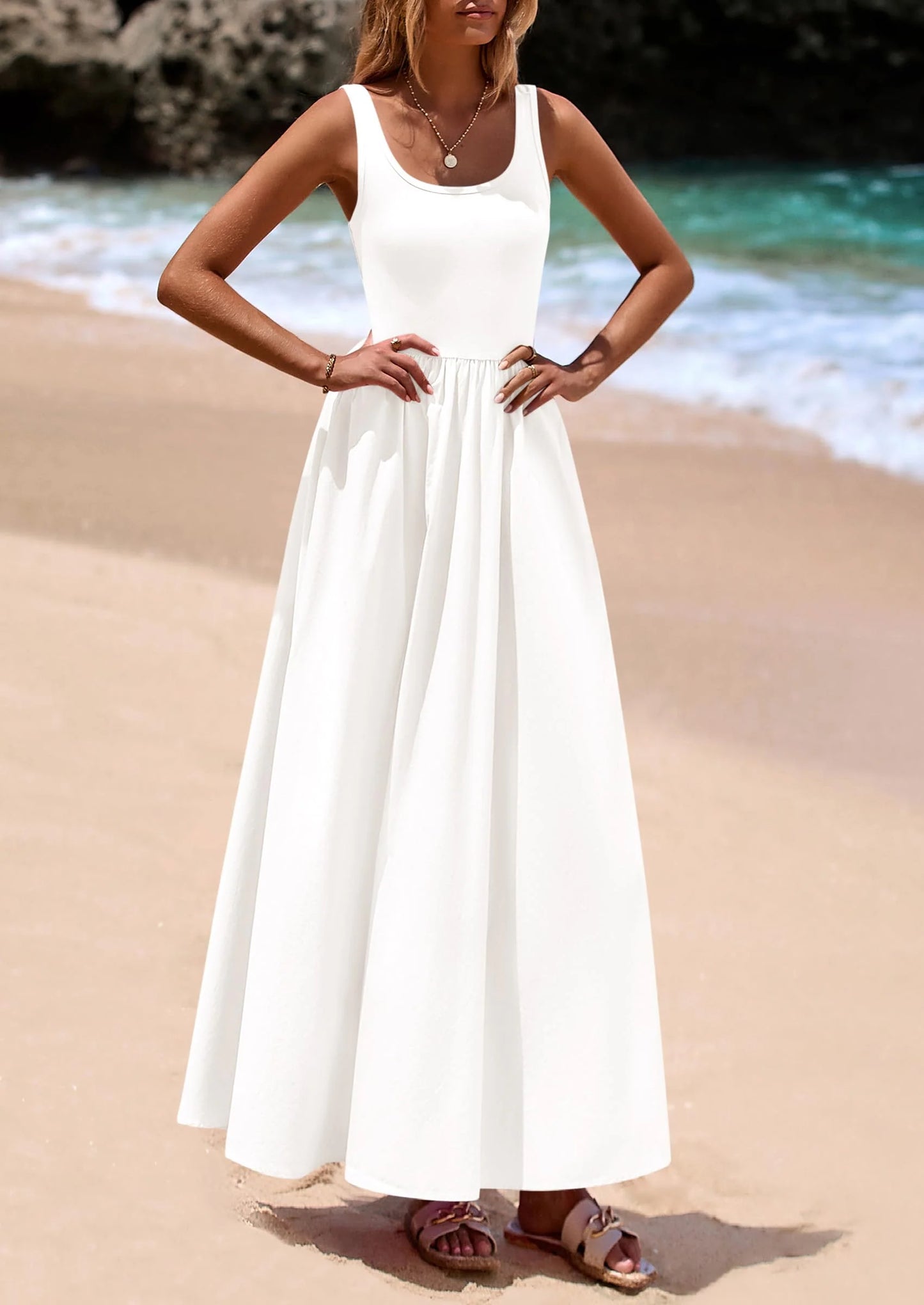 Womens Summer Casual Scoop Neck Sleeveless Long Dresses Tank Top Patchwork Aline Swing Maxi Dress with Pockets