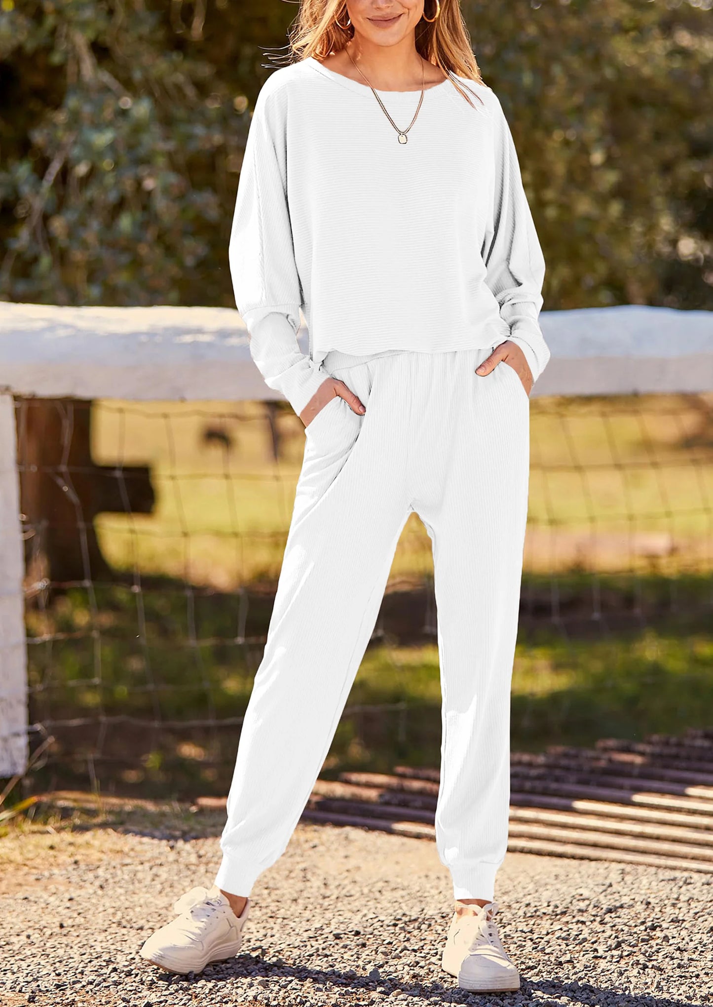 Women's Fall 2 Piece Lounge Set Long Sleeve Tops Ribbed Pants Spring Matching Sweatsuit Travel Outfits Clothes