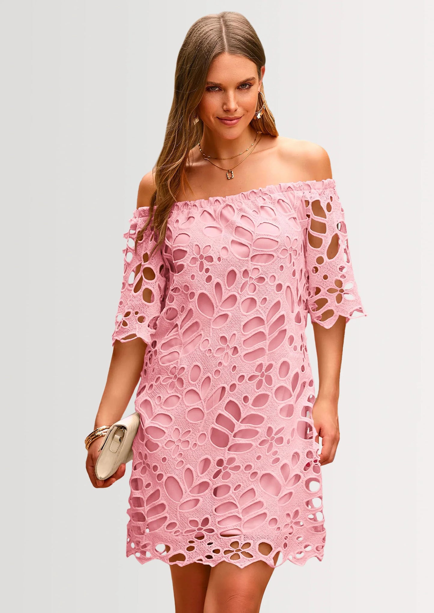 Women's Summer Off Shoulder Dresses Floral Lace Flare Short Sleeve Spring Vintage Elegant Mini Dress